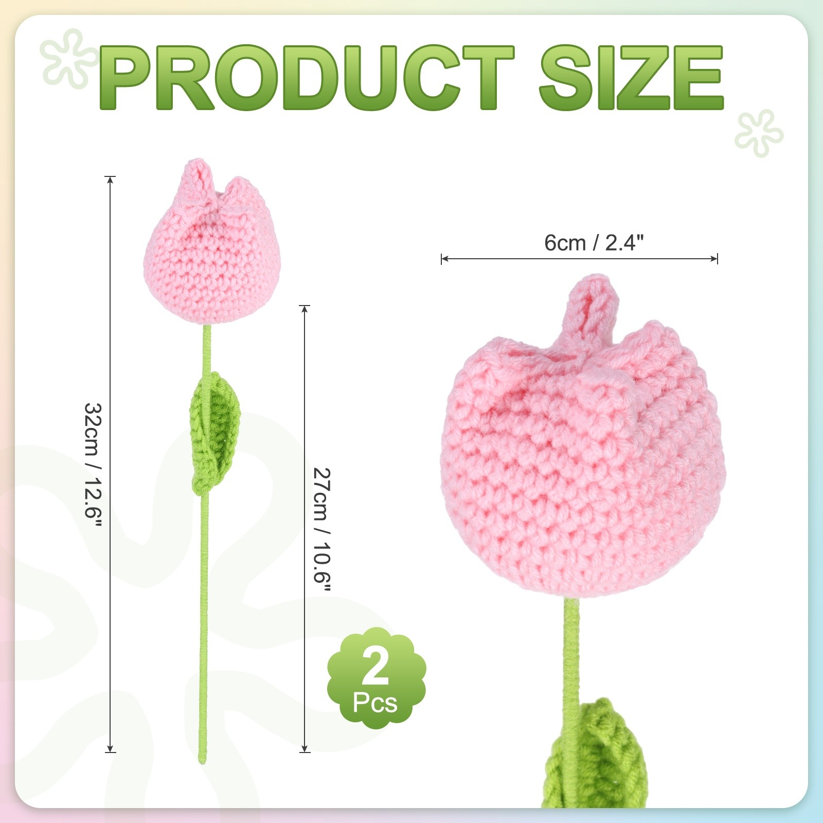 2Pcs Crochet Flower Tulip Handmade Knitted Bouquet Pink,