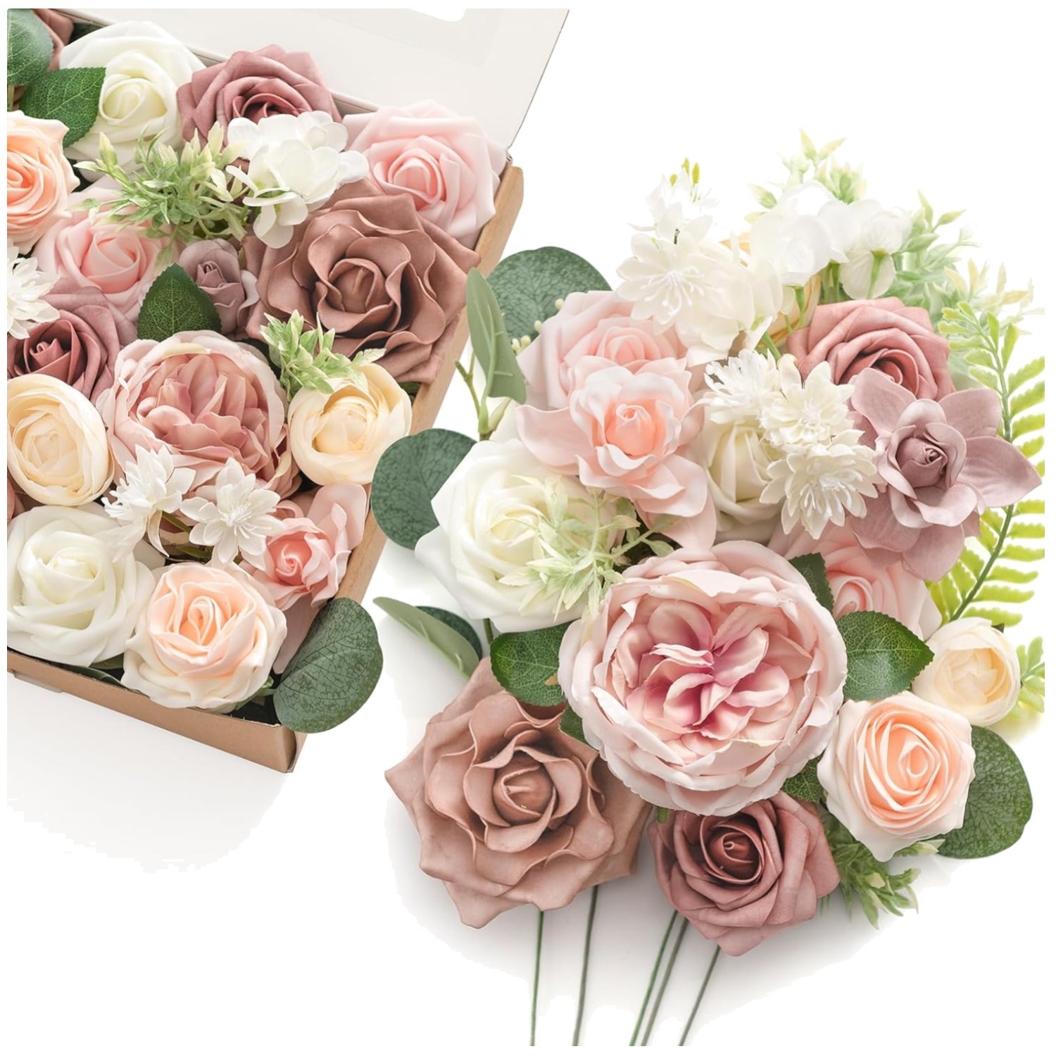 Silk Foam Roses Box, Greenery Stems, Wedding Bouquet Combo