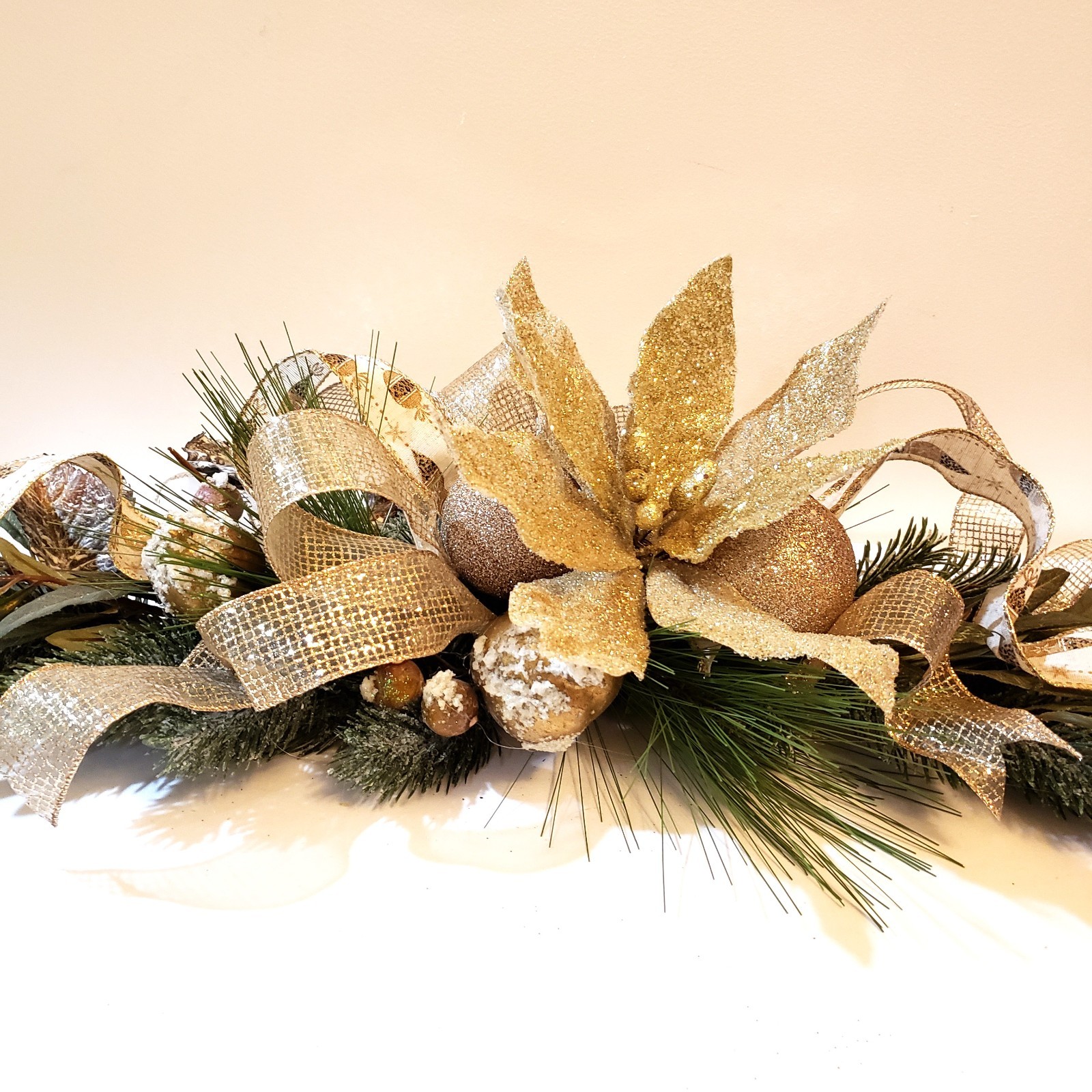 Gold poinsettia Christmas centerpiece, Christmas table swag, Mantel swag, mirror