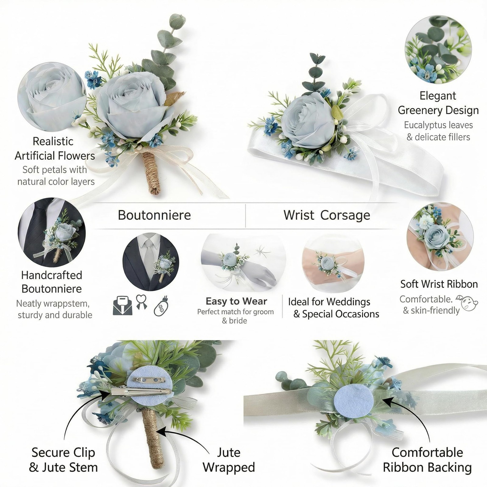Blue Faux Pearl Wrist Corsage Boutonniere Set Prom Wedding Graduation