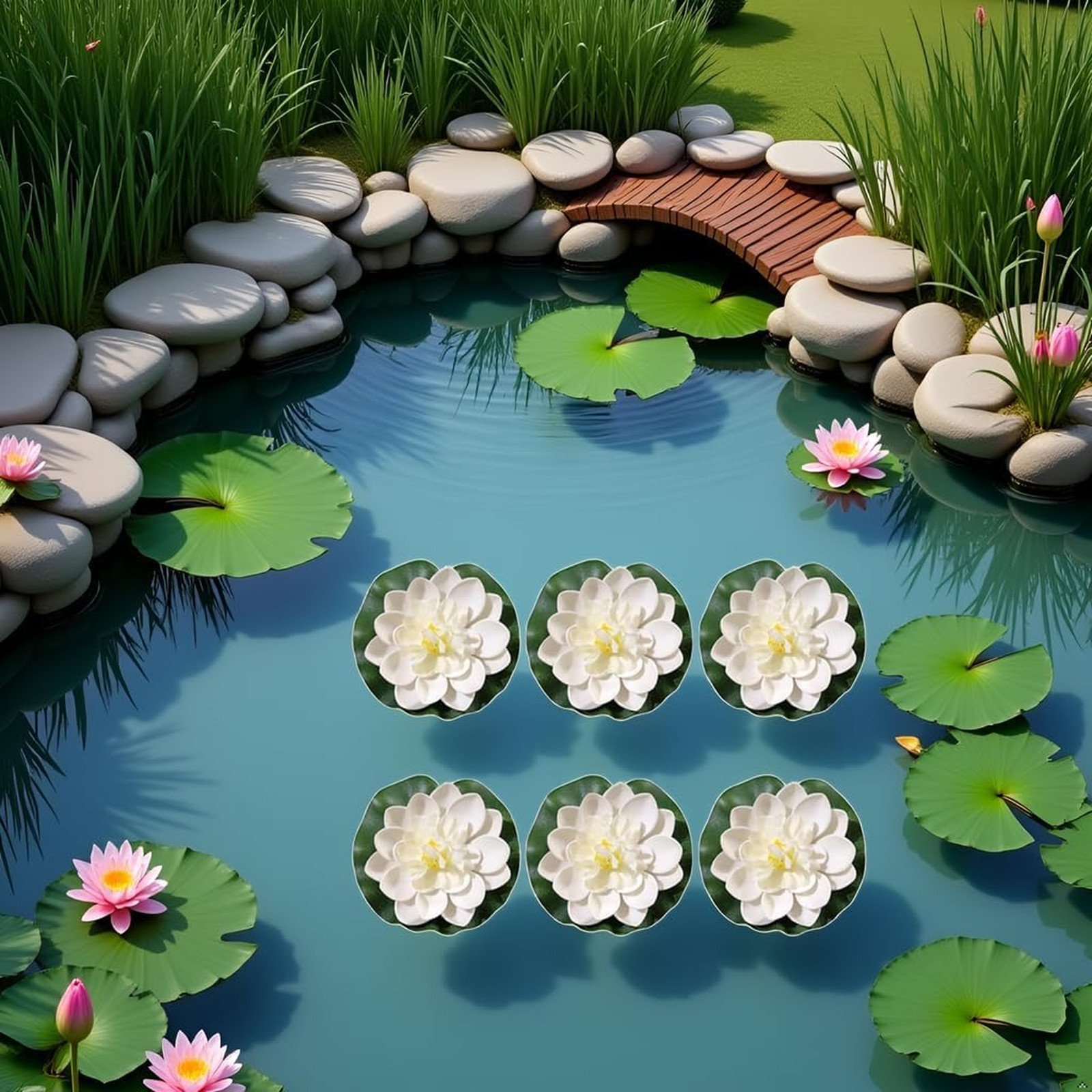 Floating Lotus Flowers Set of 6 White Artificial Water Lily Pond Decor Faux
