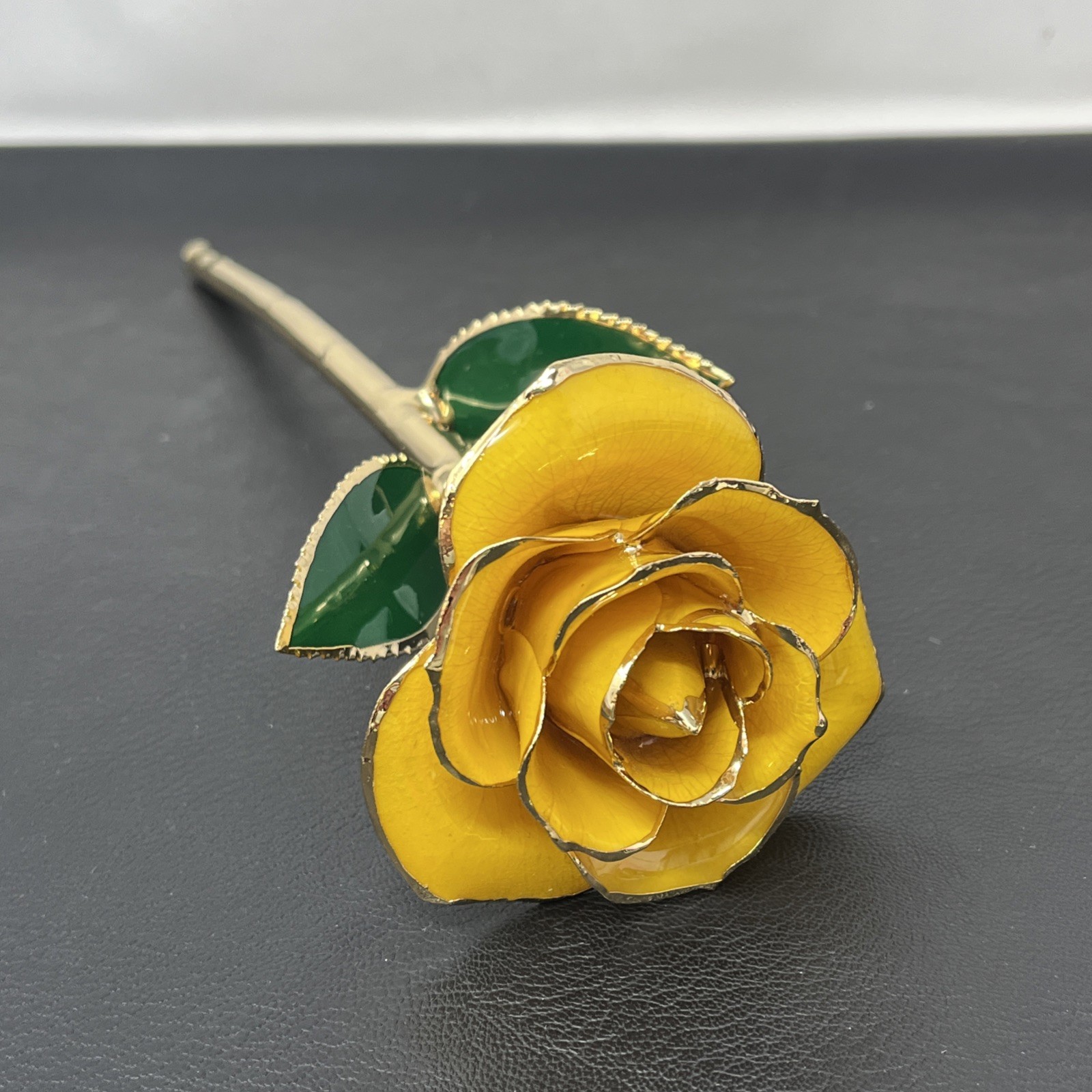 Handcrafted Preserved Yellow Rose Gloss Laquered With 24K Gold Plated Trimmed