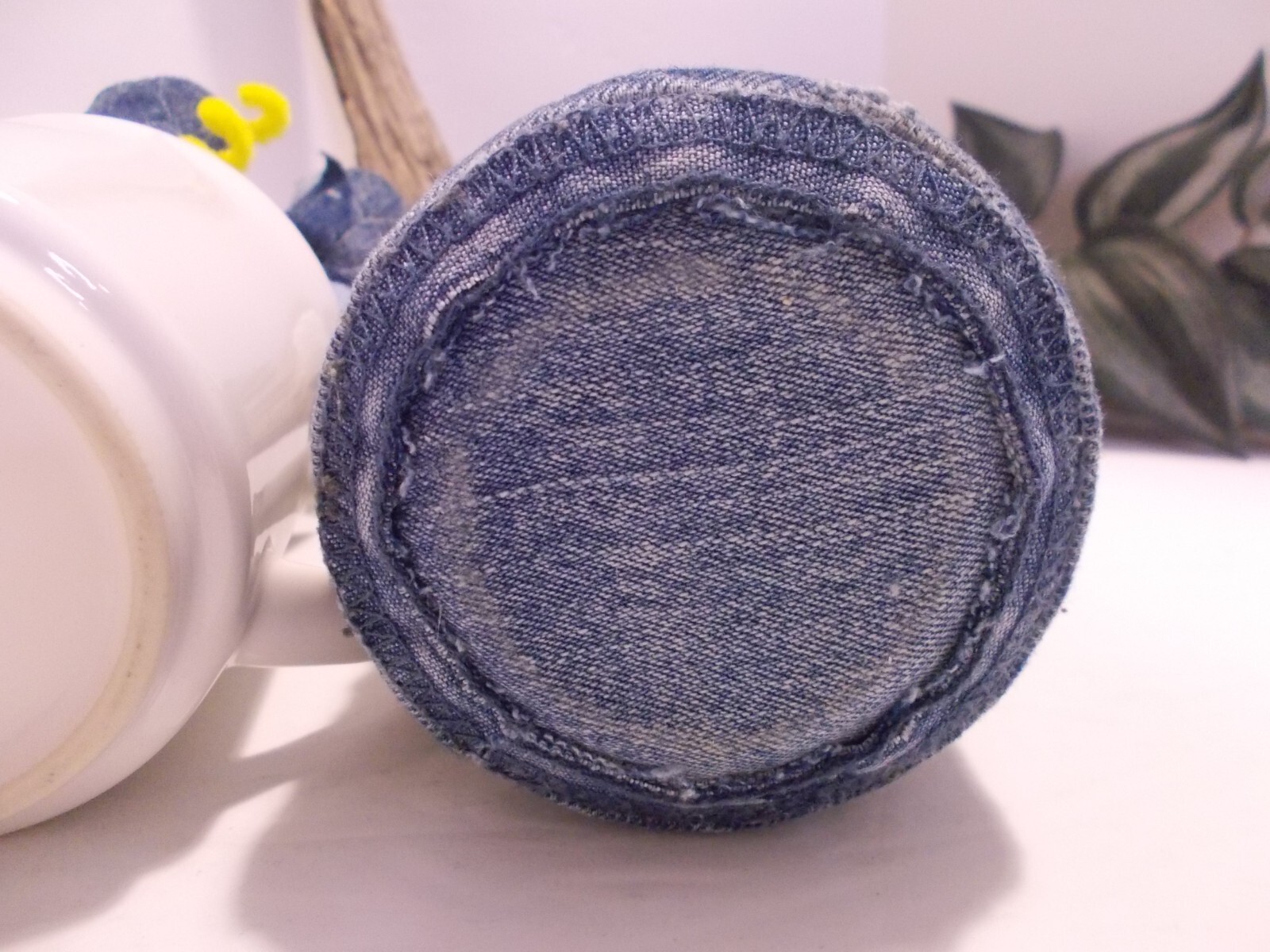 Southpaw Comics Coffee Mug w Handmade Denim Roses and Denim Seams Jar Vase