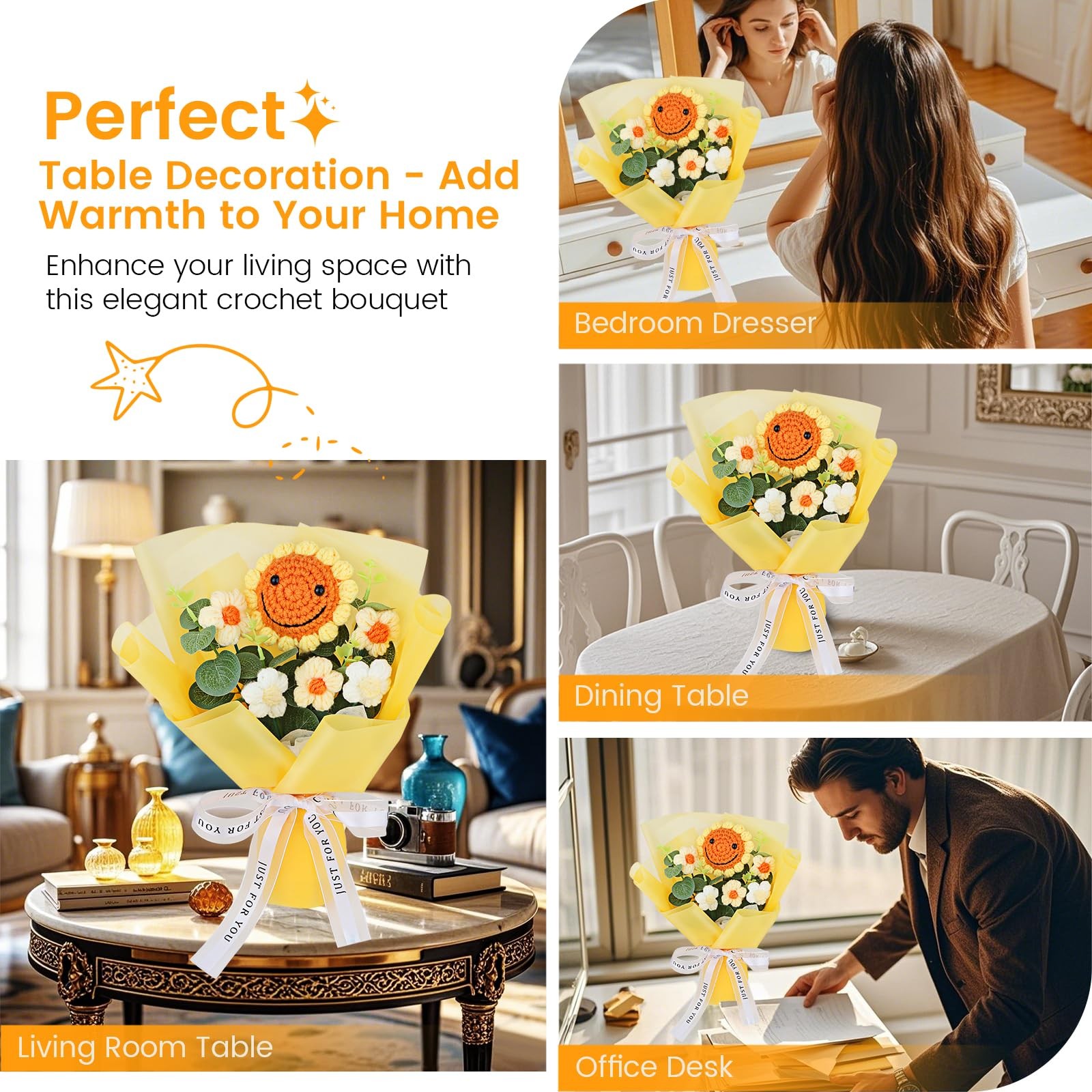 Handmade Crochet Sunflower Bouquet – Knitted Yarn Flowers, Artificial Flower …