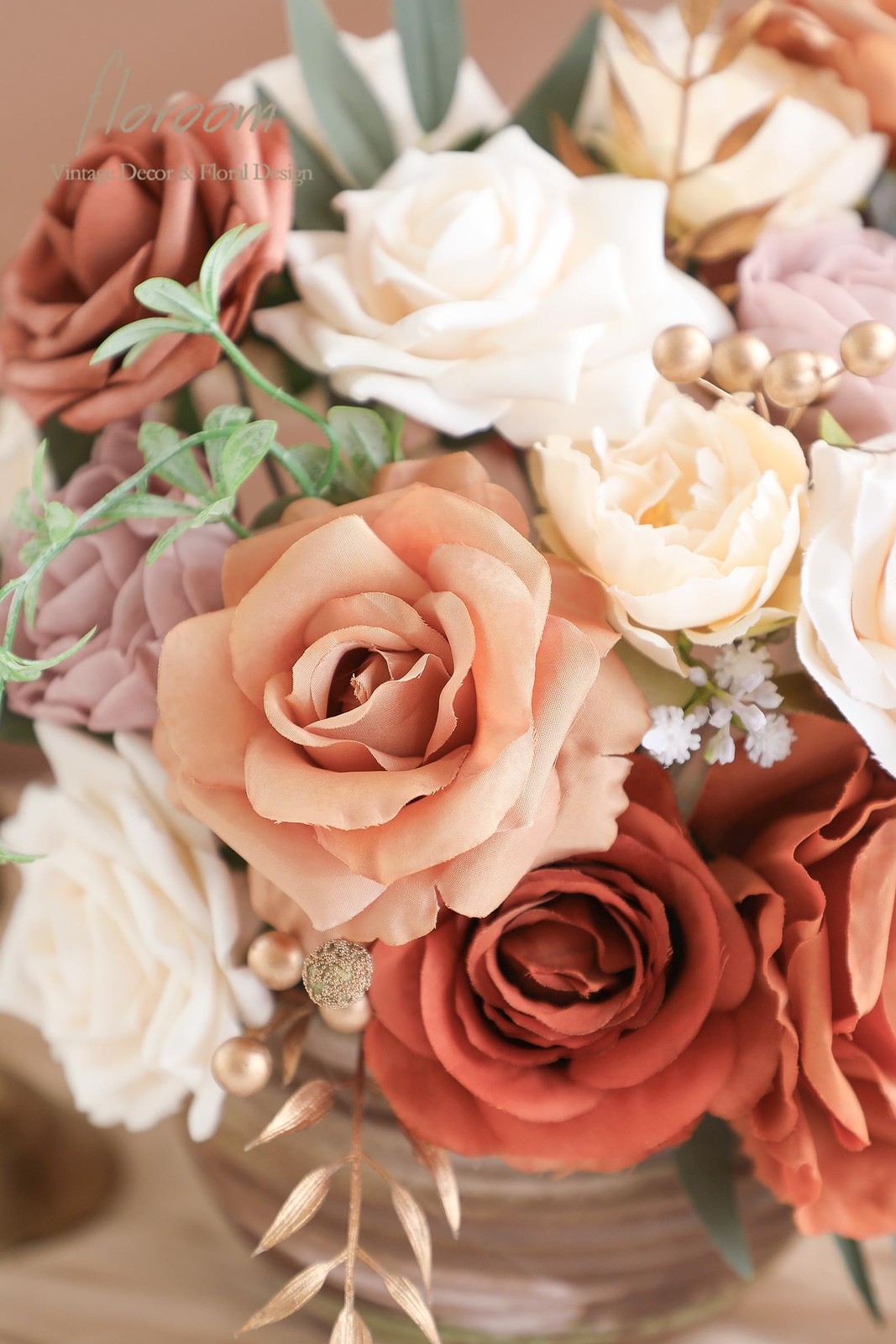 Terracotta Artificial Flowers Burnt Orange Fake Roses Peonies Dahlia Greenery…