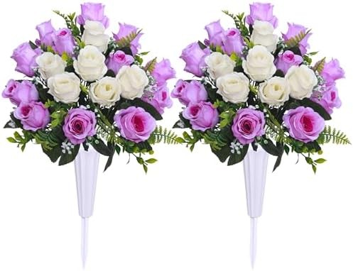 Set of 2 Artificial Cemetery Flowers with Vase,Grave Memorial Flowers,Artificial