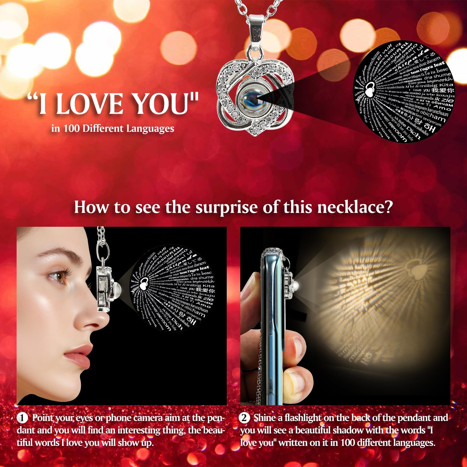 Preserved Real Red Rose with I Love You Heart Necklace 100 Languages – Eternal F