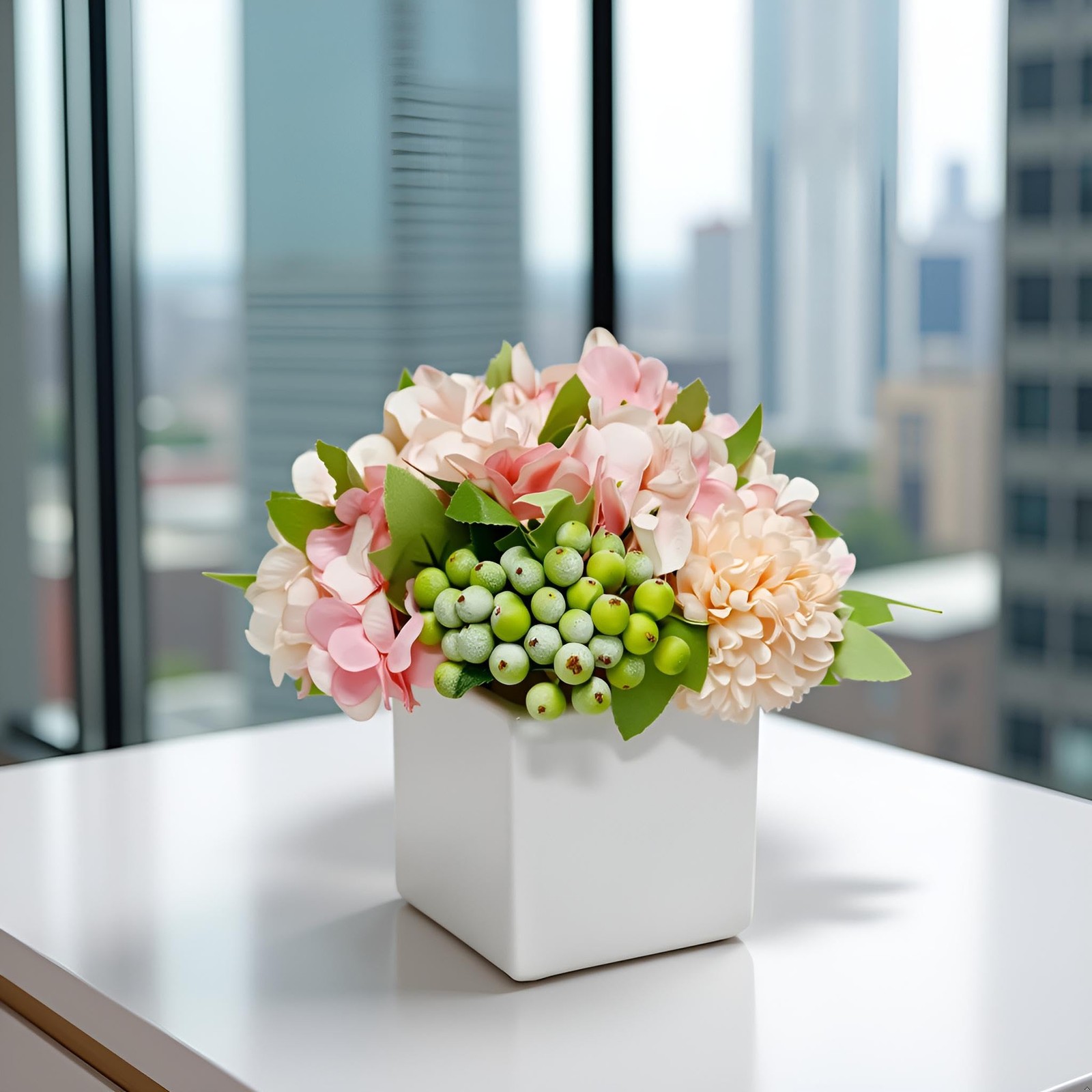 Artificial Flower Arrangement in Ceramic Vase Pink Hydrangea Home Decor