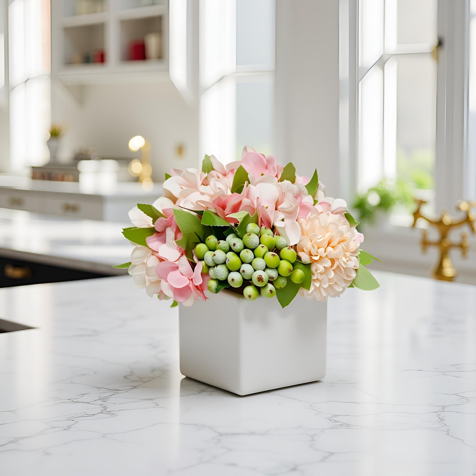 Artificial Flower Arrangement in Ceramic Vase Pink Hydrangea Home Decor