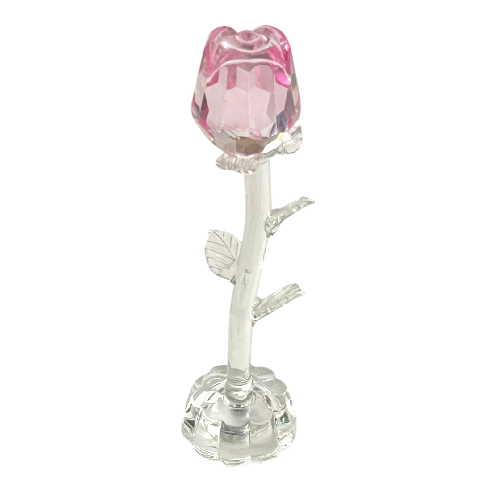 7.5″ Pink Crystal Glass Rose Figurine Closed Bud Long Stem Flower Sculpture