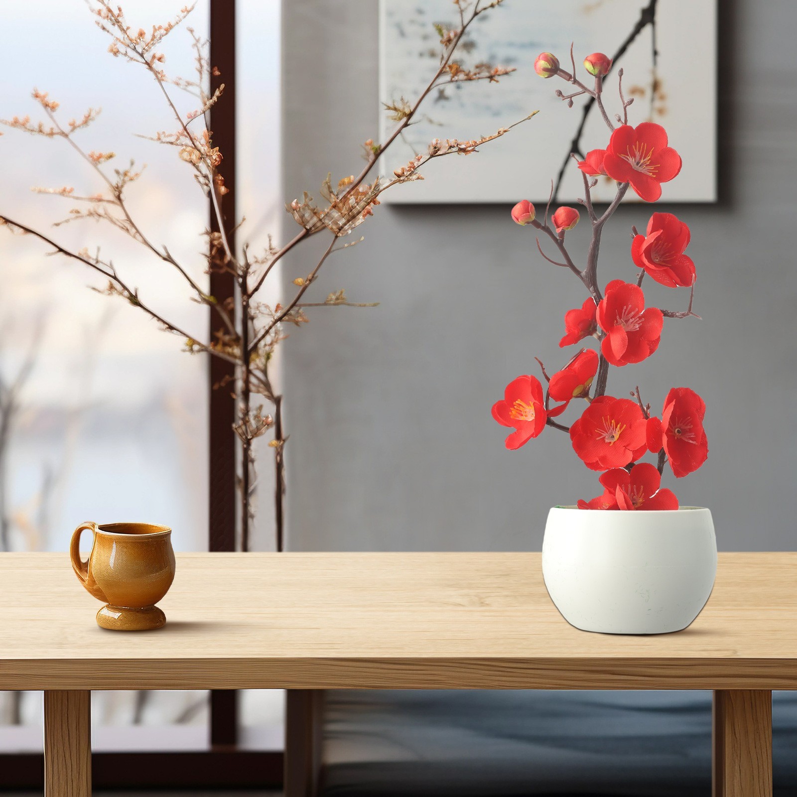 Plant Artificial Potted Flower Plastic Plum Blossom Decorative Garden Home