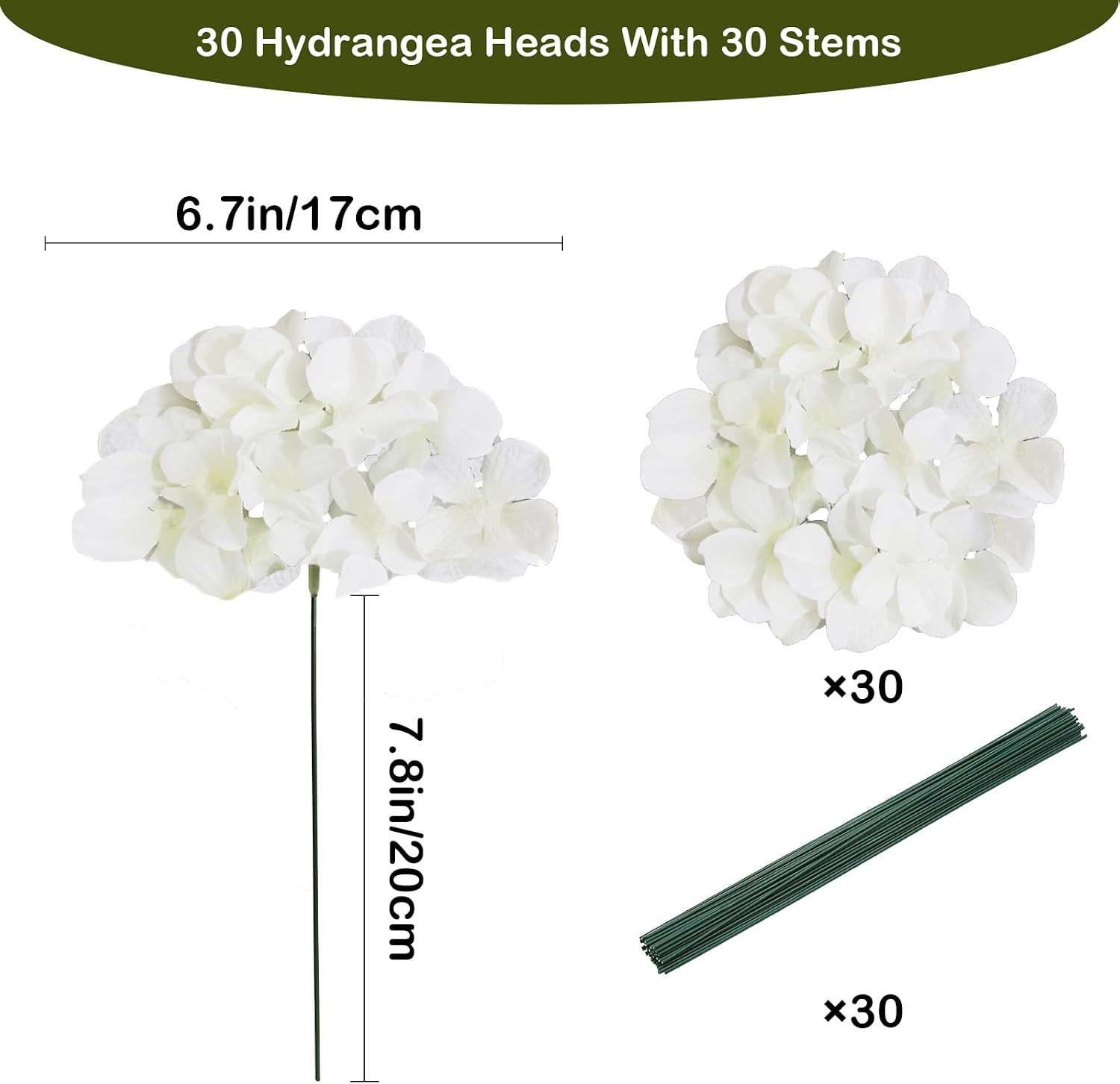 Bulk White Artificial Hydrangea Flowers, 30 Pcs Faux Silk Heads with Stems