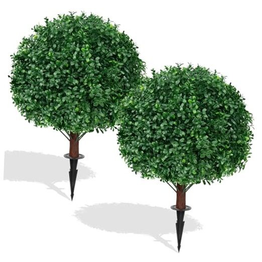 2Pack Artificial Topiary Ball Trees, 16” UV Resistant Fake Evergreen Boxwood