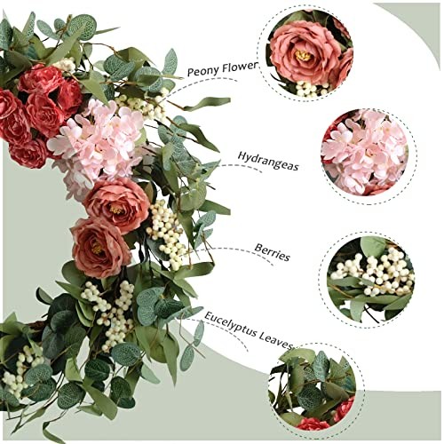 20 inches Artificial Pink Peony Wreath for Front Door Wreath with Hydrangea