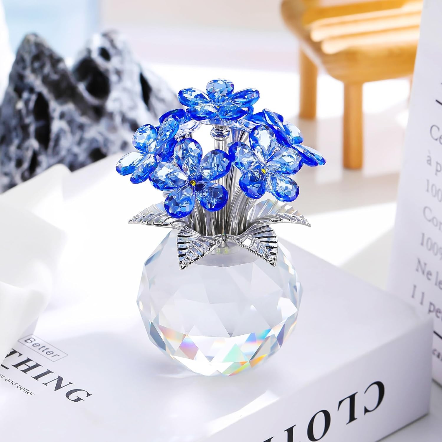 Blue Crystal Forget Me Not Handmade Glass Flower Bouquet Gift Centerpiece