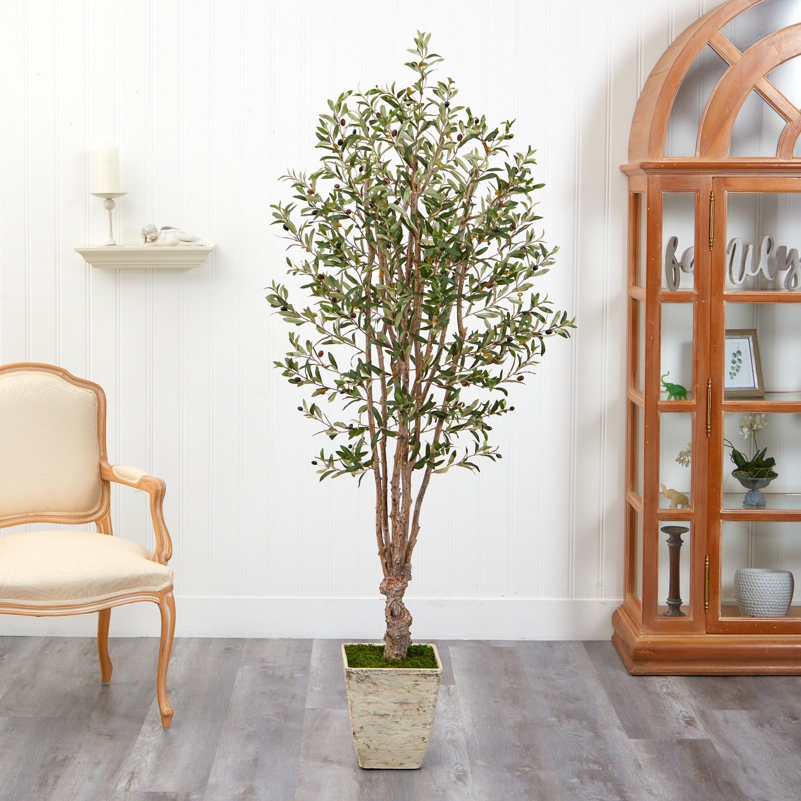 6.5ft Olive Faux Tree in Country White Planter Home Decor Office Decor