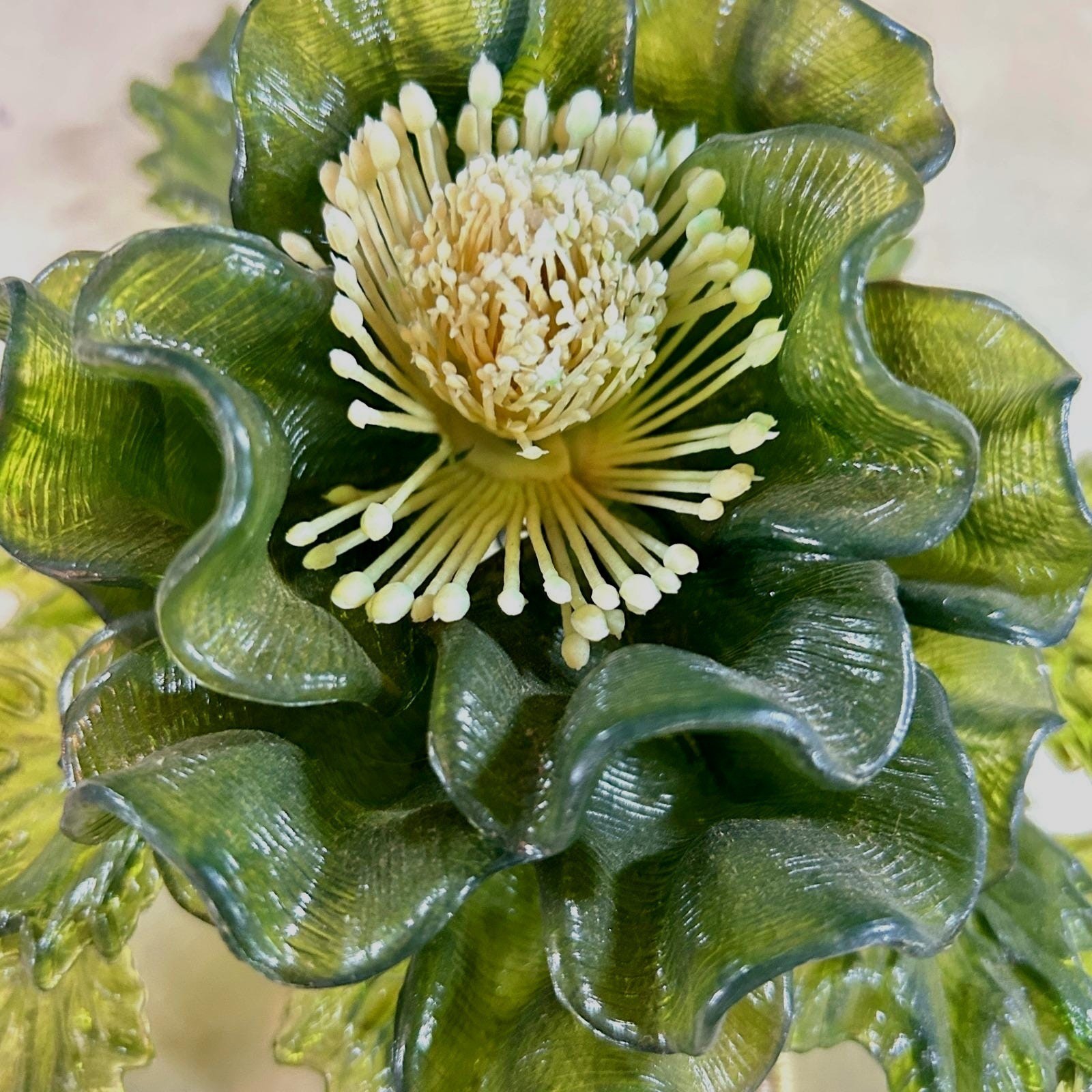 Crystalin 1966 Vintage Lucite Resin Flower Sculpture Olive Green MCM