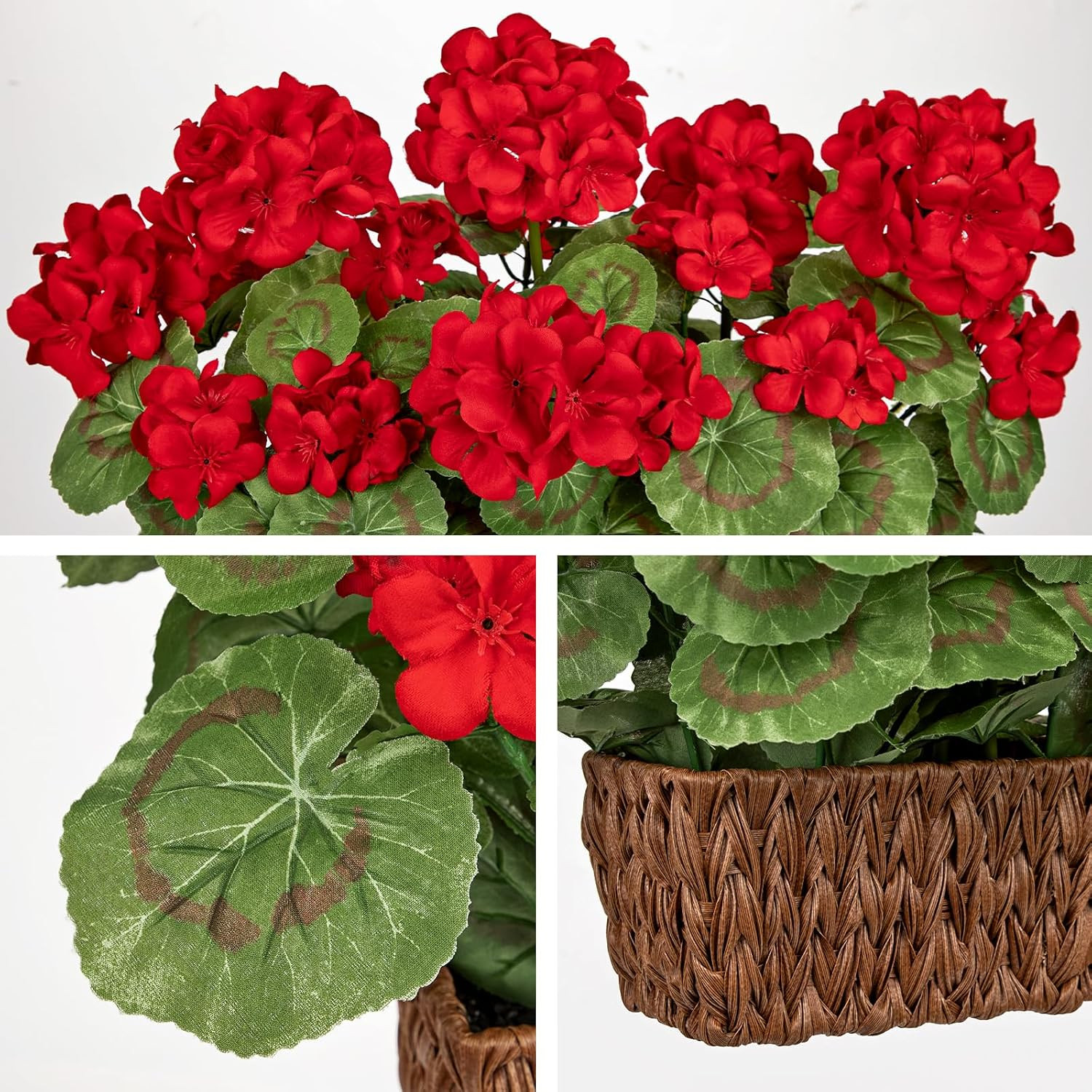 Briful Artificial Geraniums Flowers in Woven Basket Planter, Real Faux Red Silk