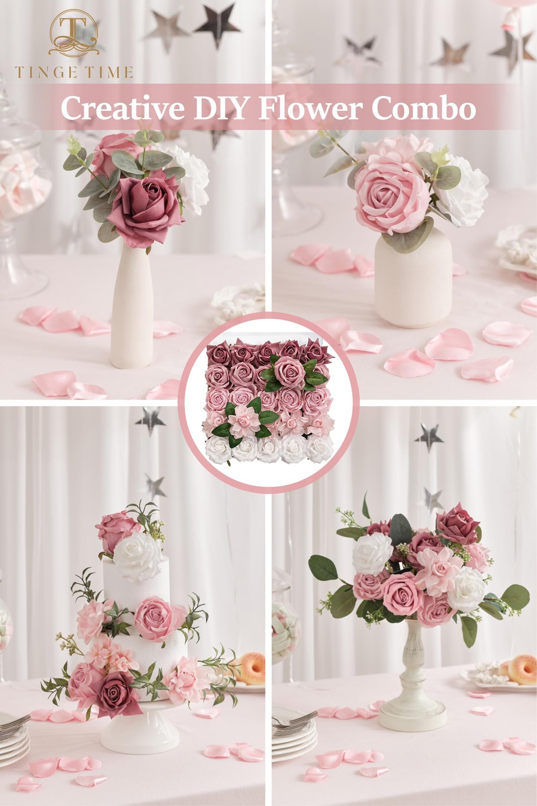 Artificial Flowers, 25pcs Real Looking Gradient Purple Pink Rose Fake Roses w…