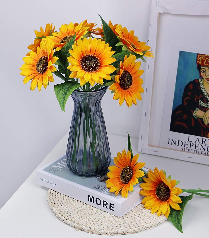 Artificial Sunflowers with Stems,10pcs Faux Silk Yellow Flower for Wedding Bo…