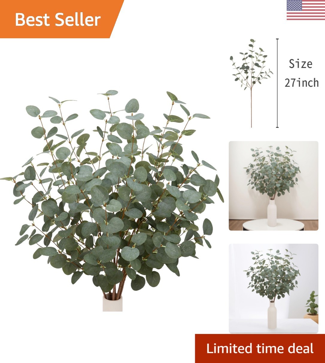 27″ Dark Green Silk Eucalyptus Stems – Versatile Silk Floral Decor, 6 Pcs