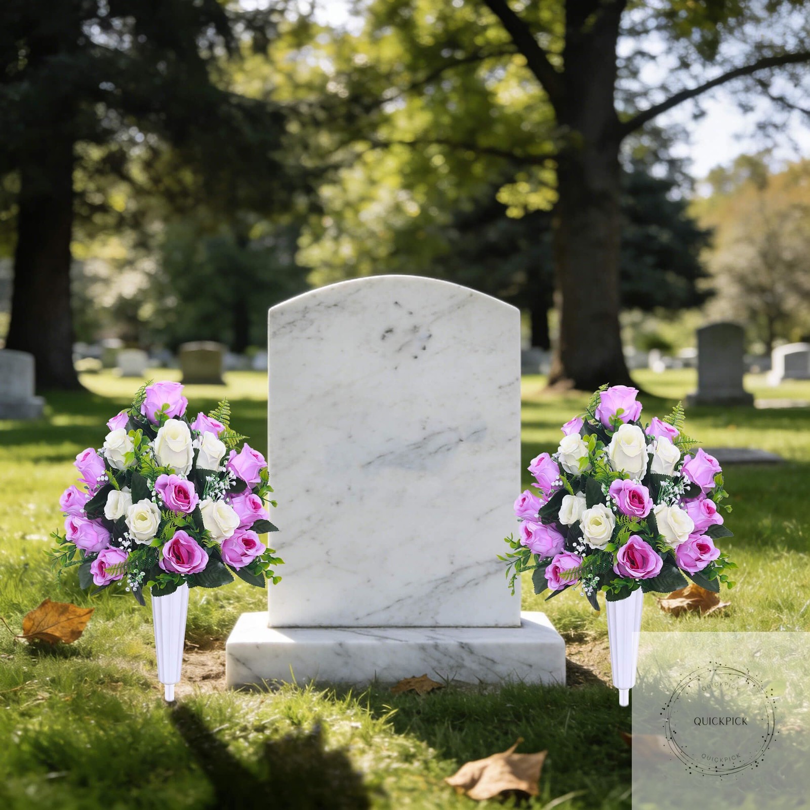Artificial Cemetery Flowers,Set of 2 Grave Decorations Roses, Tombstone Memorial