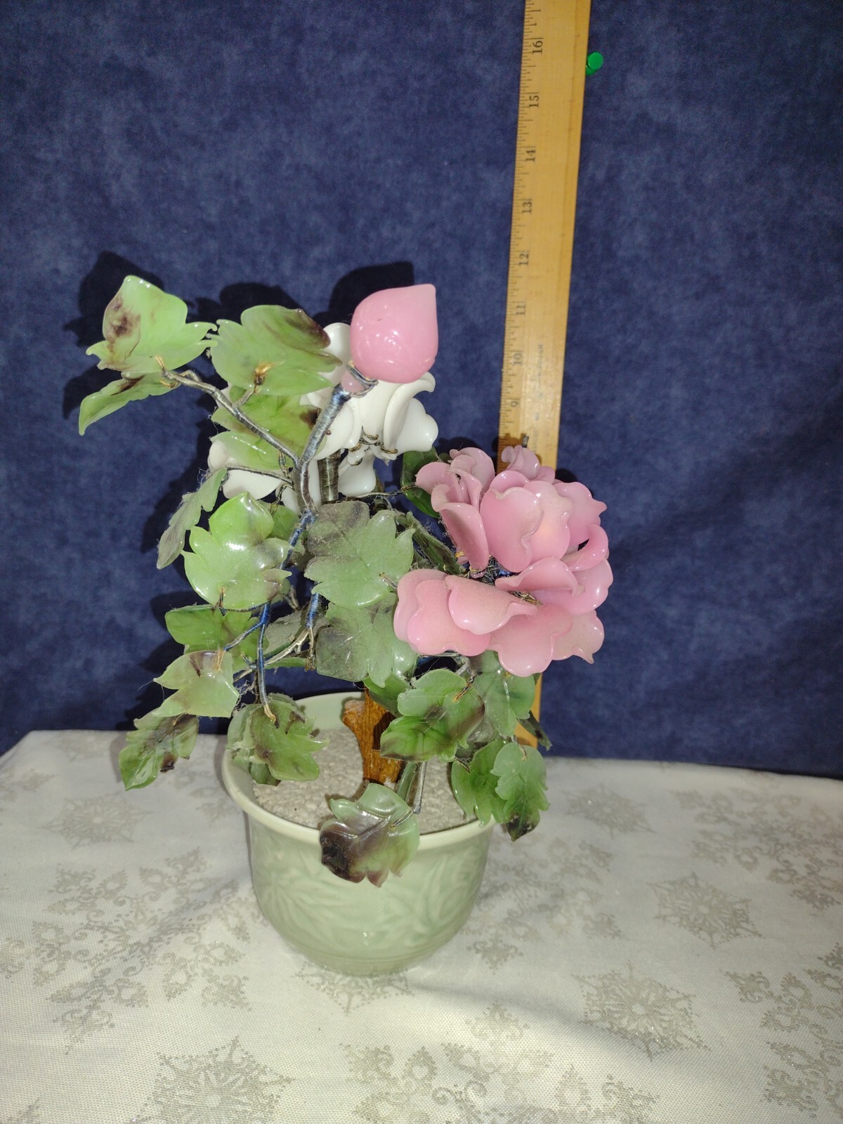 Vintage Original Japan Glass Bonsai Tree Green Bowl Pot 9″ Tall