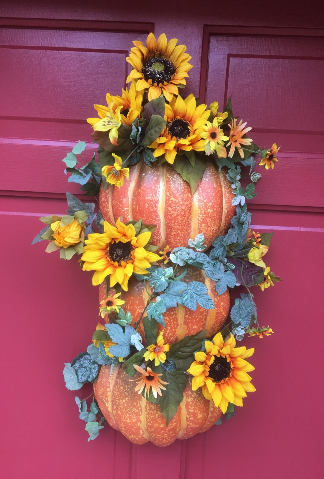 Fall Wreath with Three Large Pumpkins and Big Yellow Sunflowers