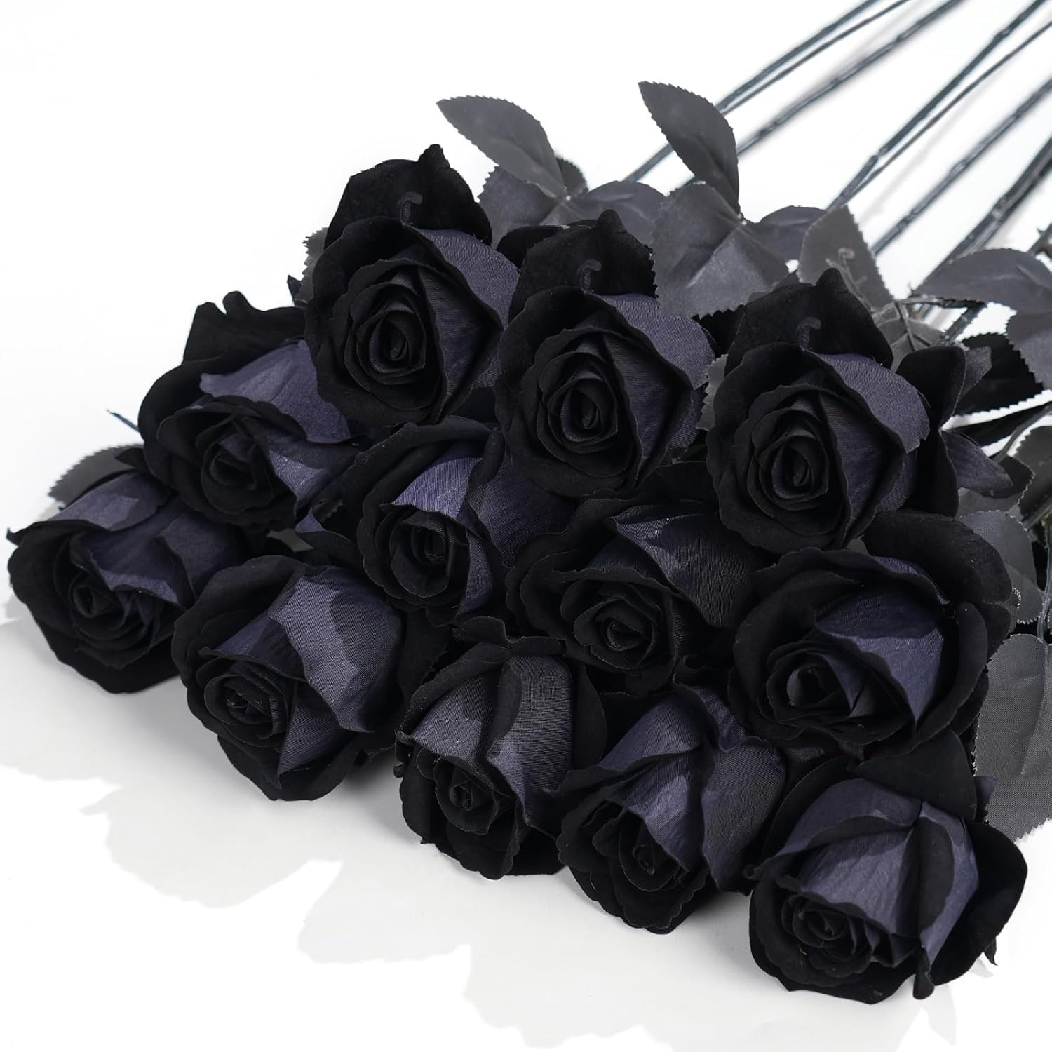 12 Pcs Black Roses Artificial Flowers with Long Stem, Faux Silk Rose Bouquet Rea