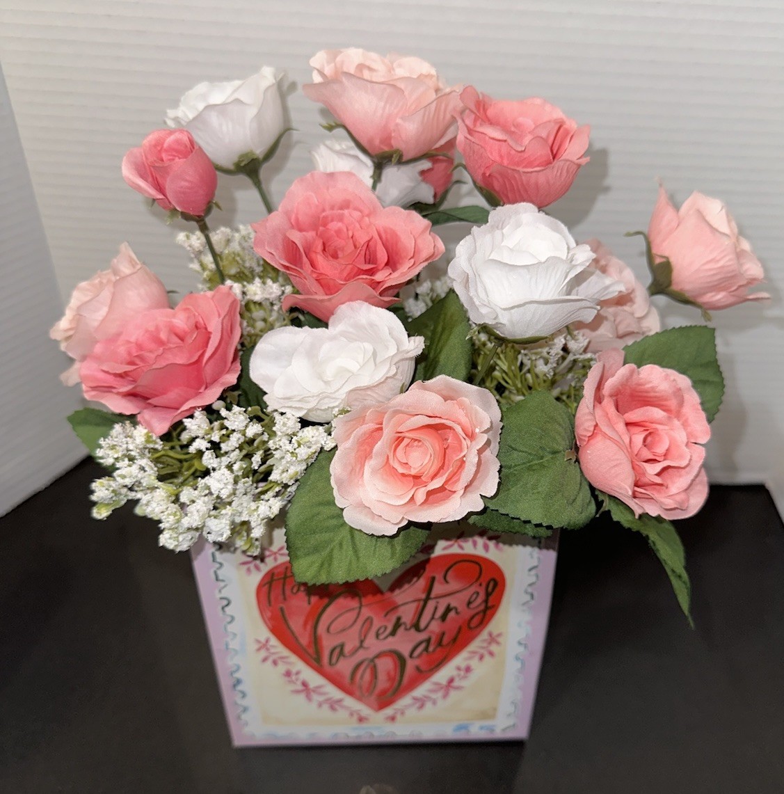 Valentine’s Day Floral Arrangement Pink & White Roses w/Baby’s Breath 12.5” x 10