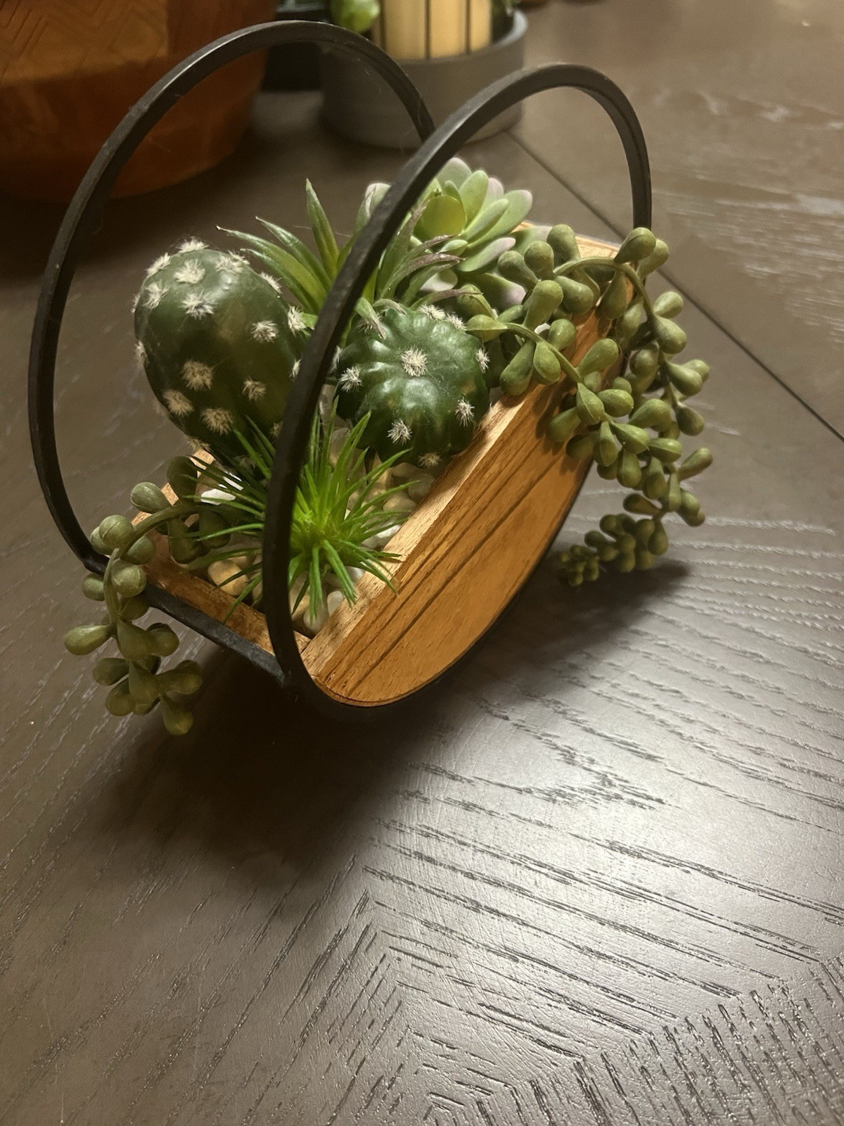 faux succulents in Wood And Metal Planter. Wall Hanging