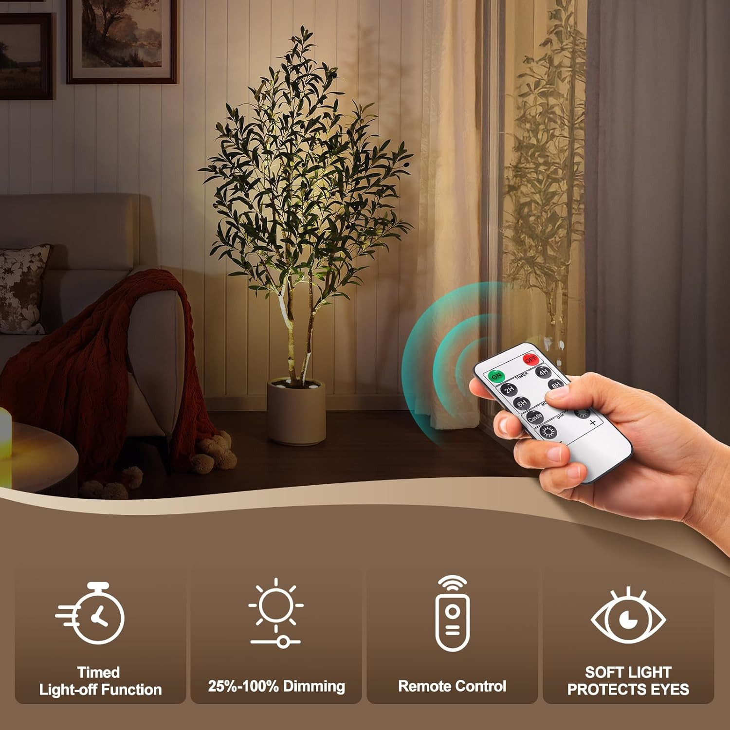 5FT Artificial Olive Tree with LED Spotlights in White Planter for Home Decor