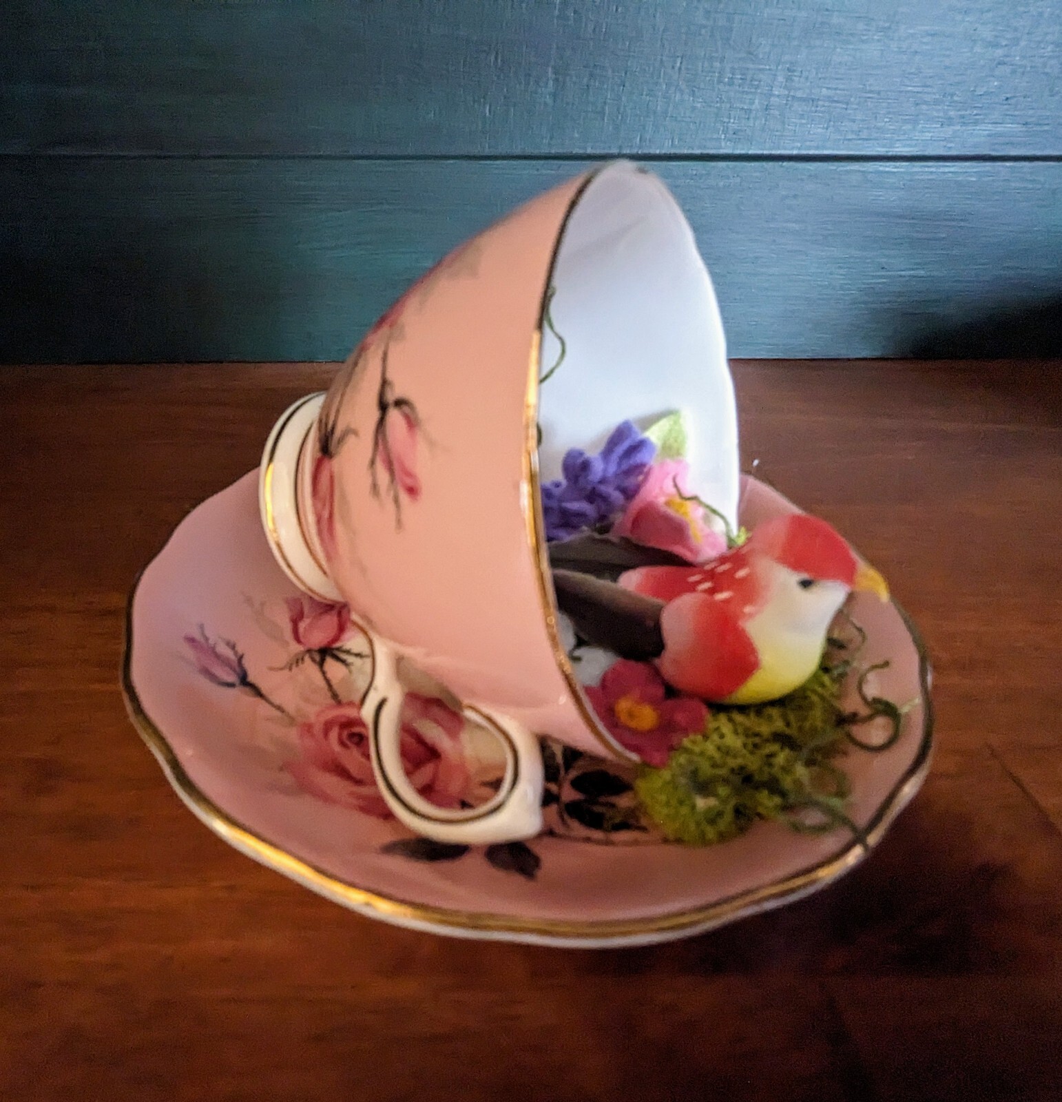 Home decor Teacup, felt flowers and bird nestled in moss & tiny egg, Gift Idea!