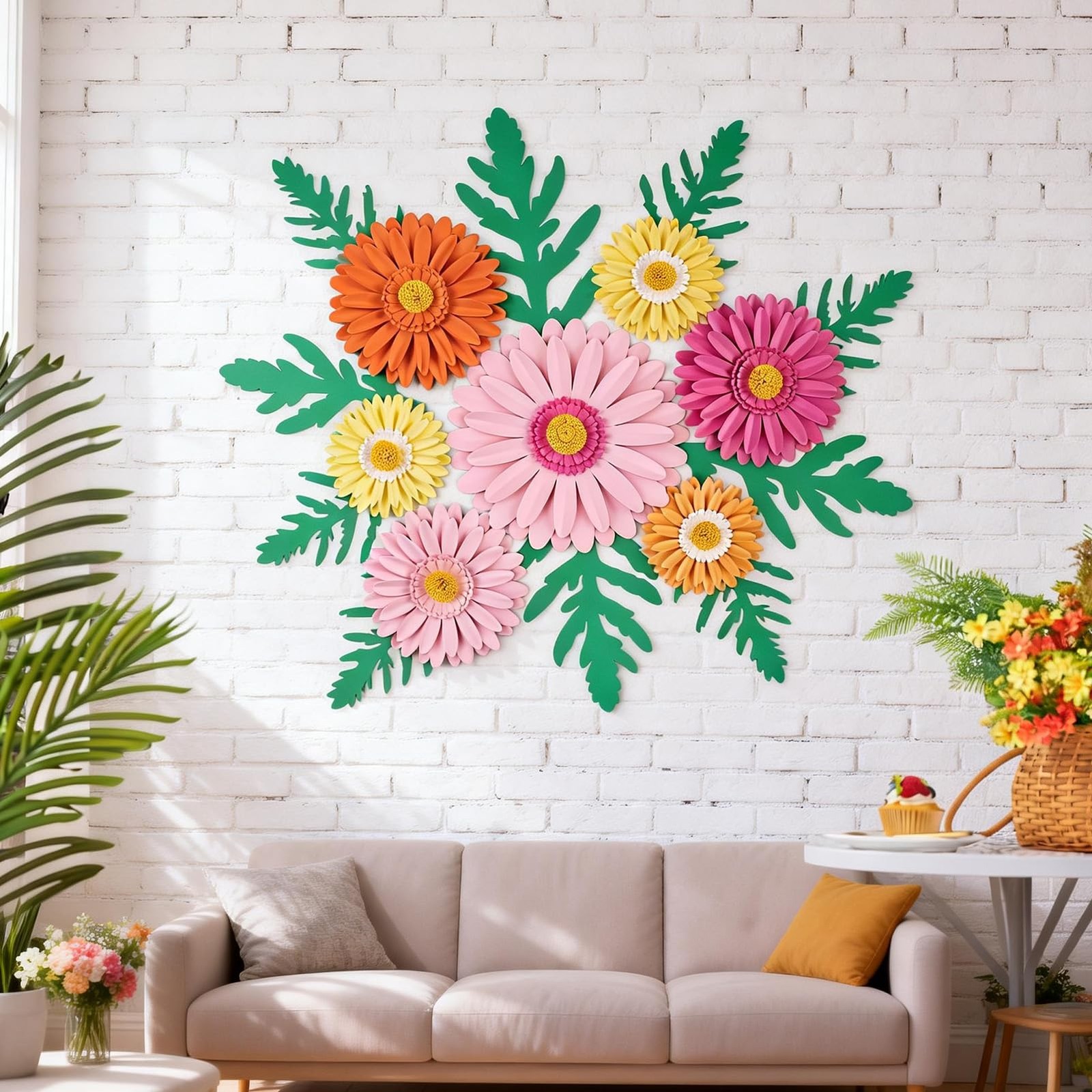 3D Paper Flowers Daisy Wall Decor Set Pink Orange Green Leaves 17pc 10in Large