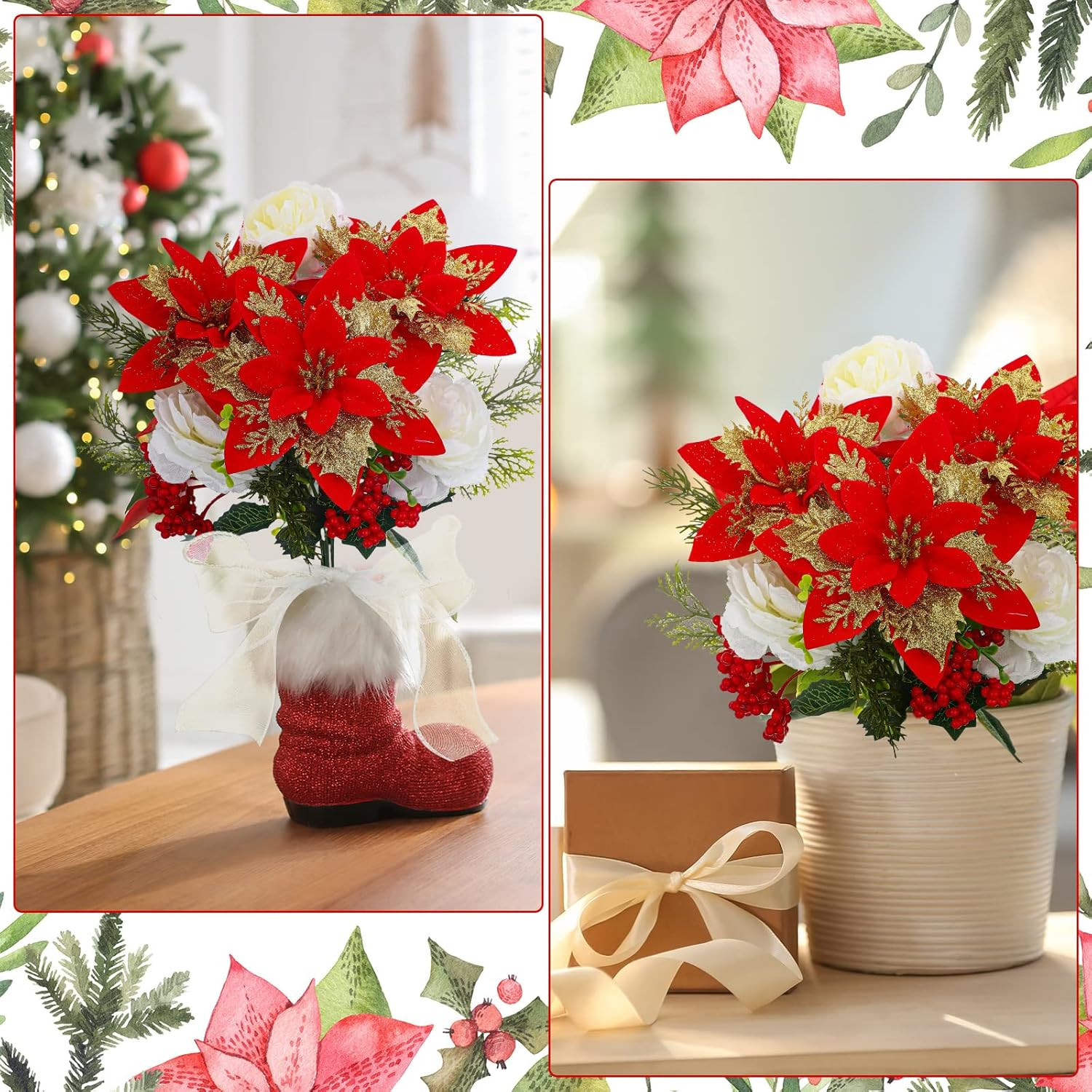 4 Pack 13.8 Inch Faux Velvet Poinsettia Carnation Berry Xmas Bush for Indoor Out