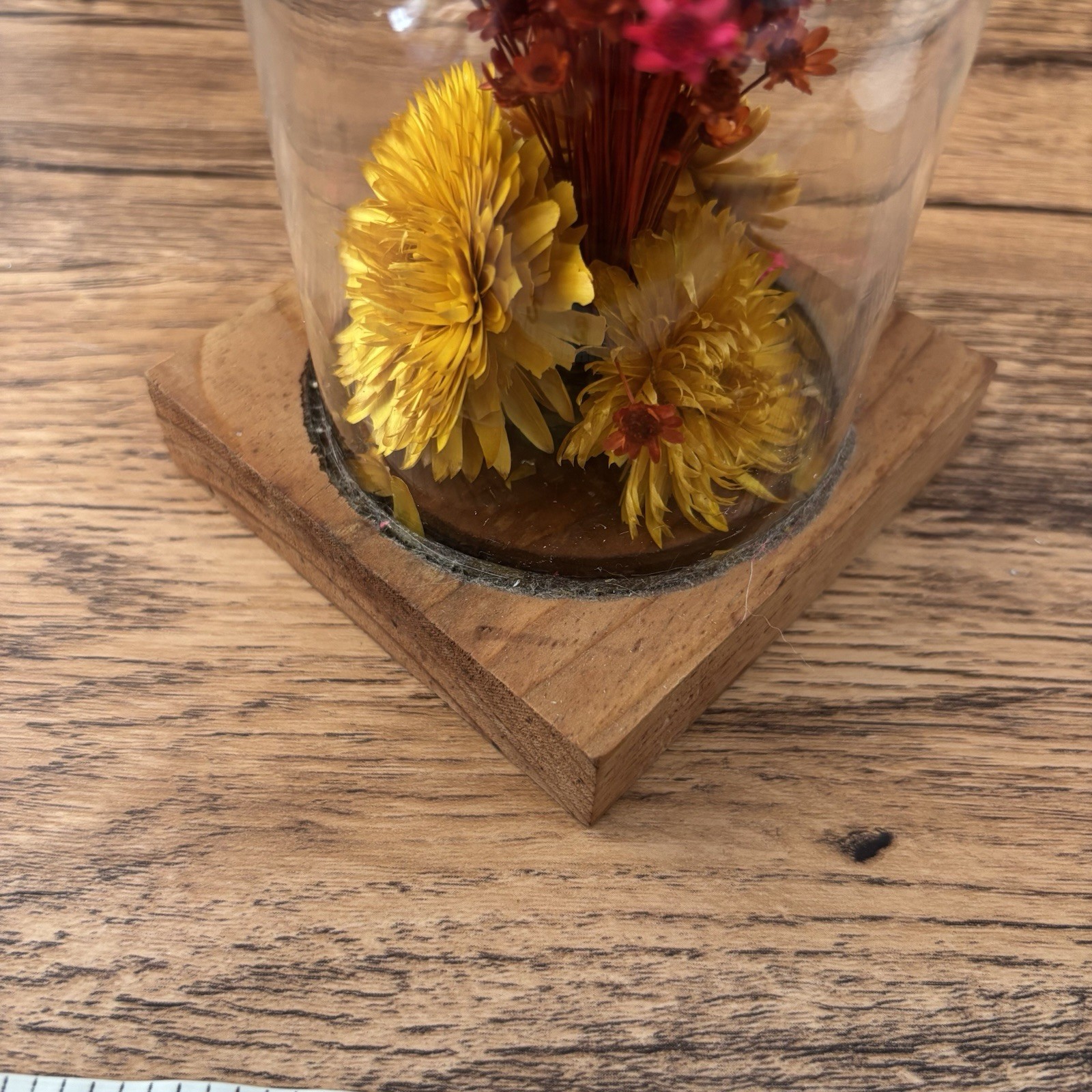 Vintage Dried Flowers Cloche Glass Dome Wood Base Boho Cottage Floral Shelf Deco
