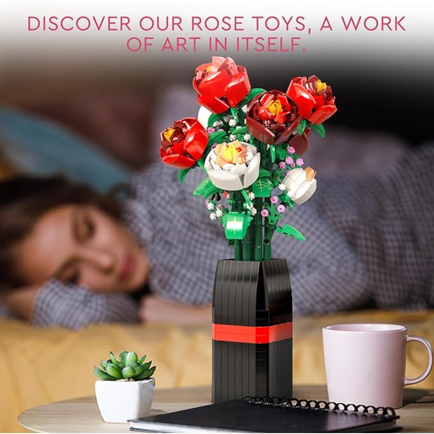 Flowers Bouquet Building Decoration Set with Vase, Gift for Women Girls Boys