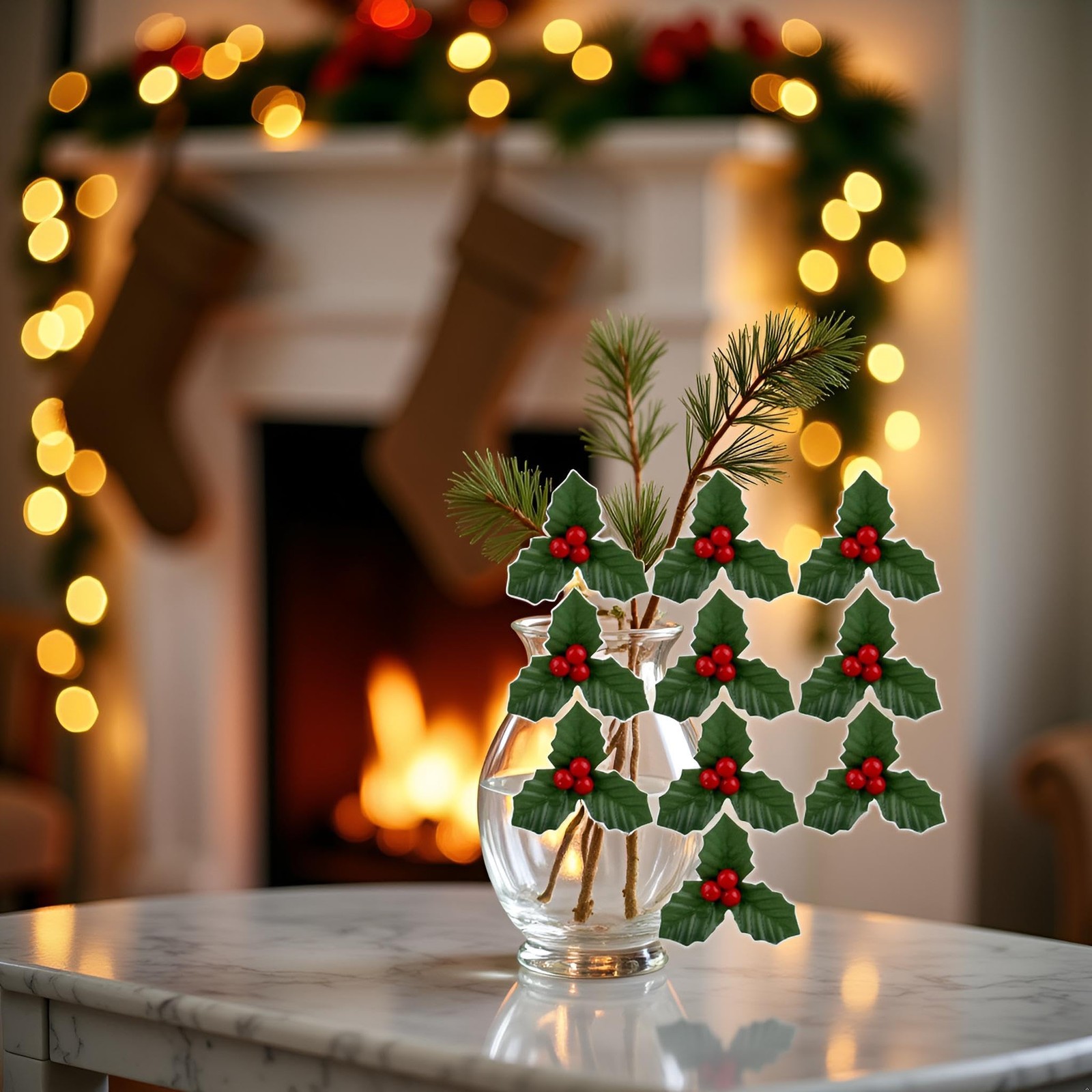 10Pcs Christmas Holly Berries Faux Flowers with Leaves Xmas Picks Wreath Bran…