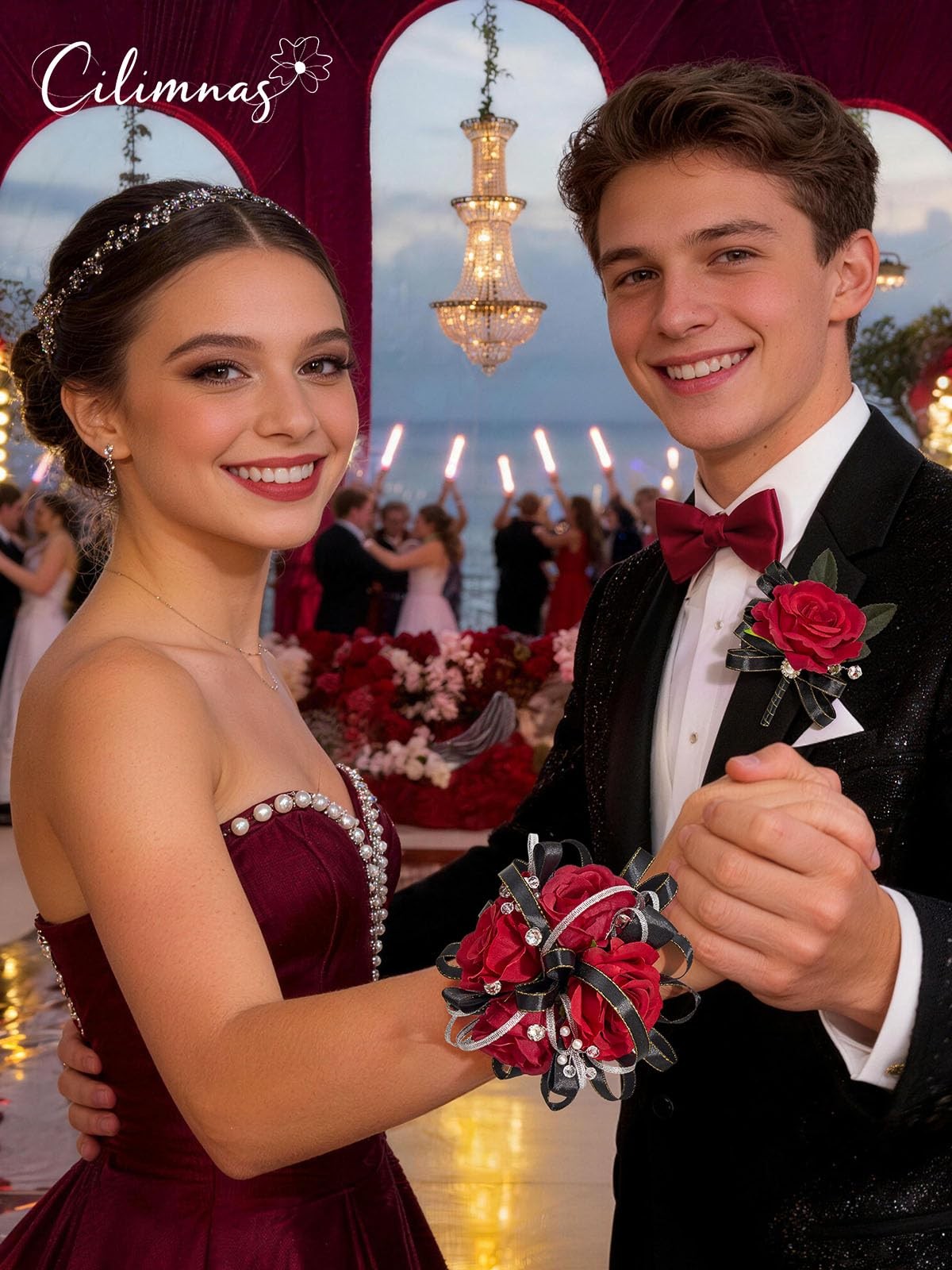 Cilimnas Prom Corsage and Boutonniere Set Red Black,Artificial Silk Rose Wris…