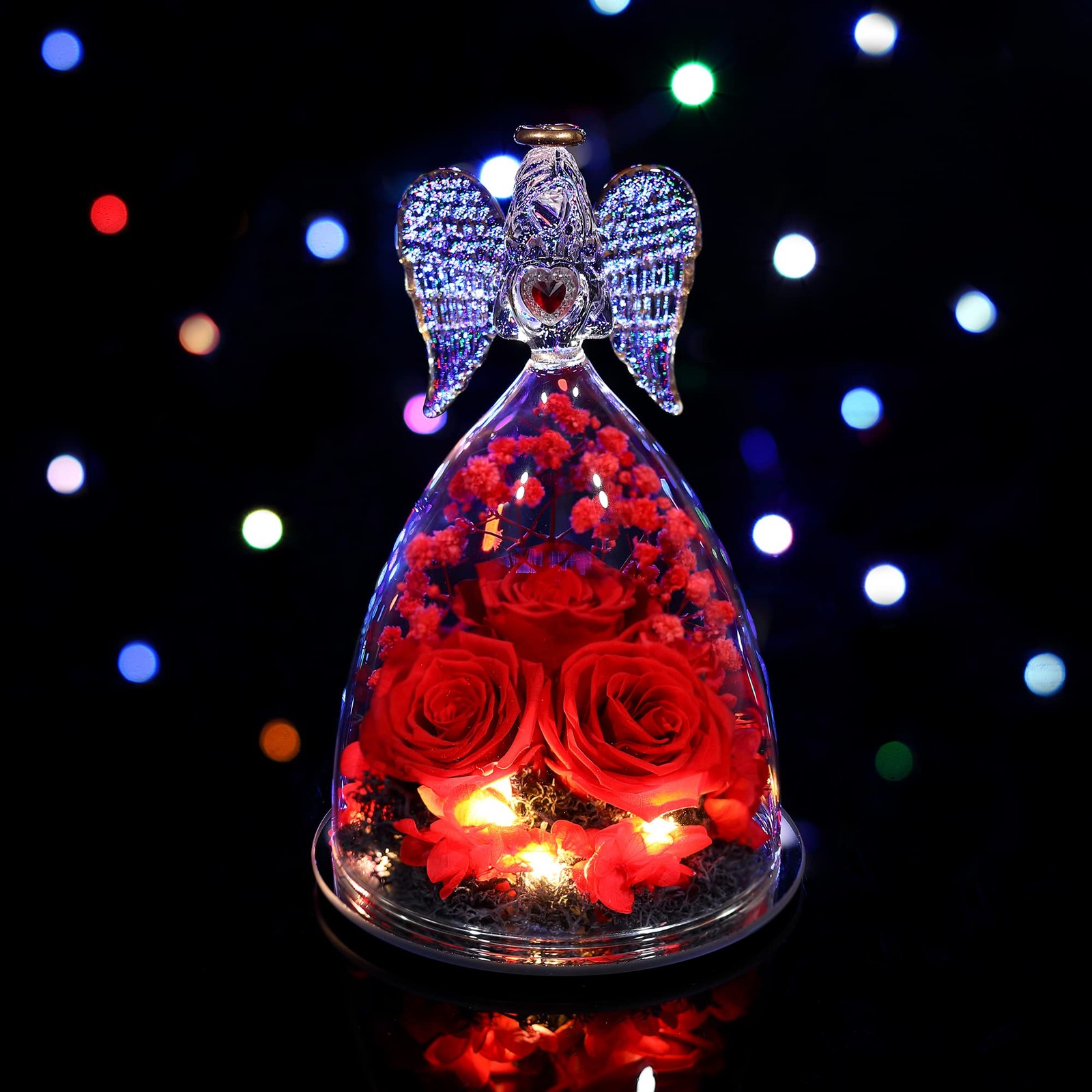 Preserved Real Rose Red Large Angel Figurines Flower Gift for Her Decor Art