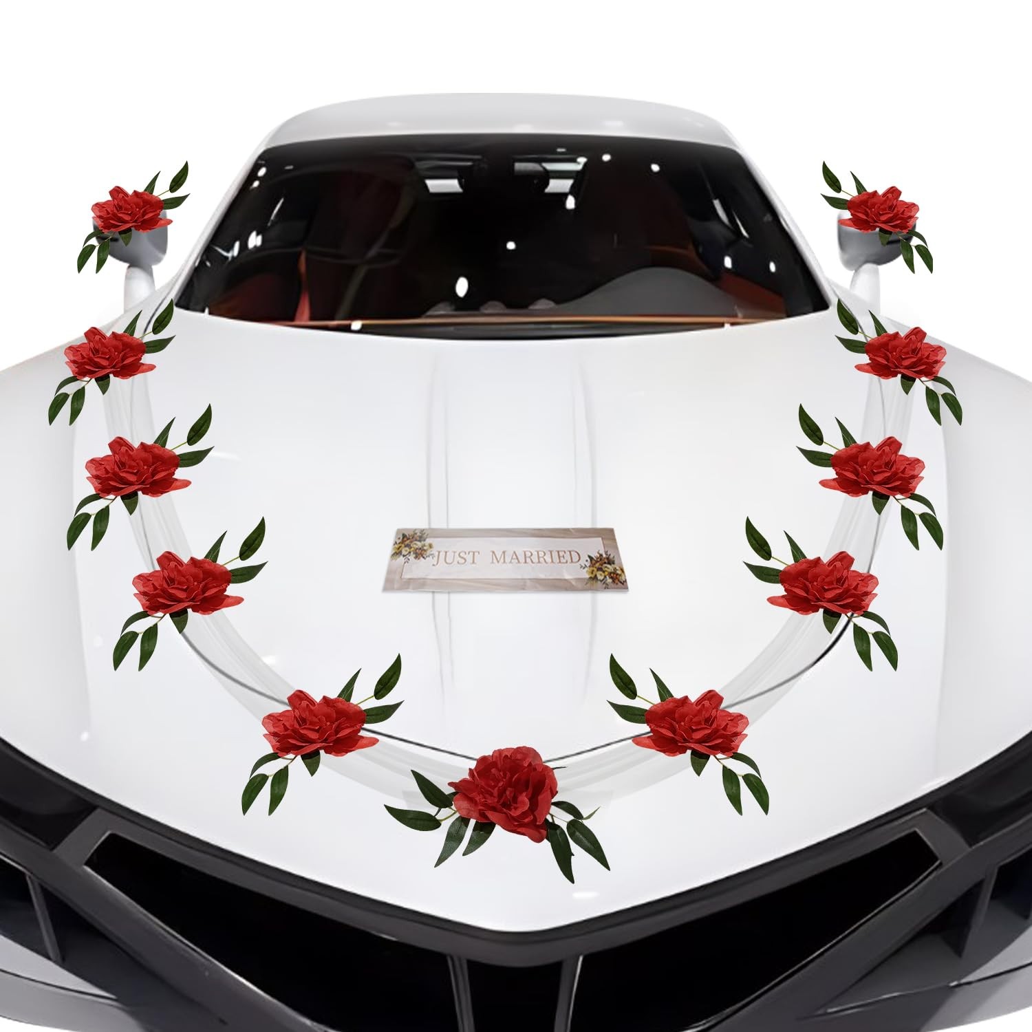 Artificial Wedding Car Decorations Kit, Suction Cups, Flowers, Ribbon, Red