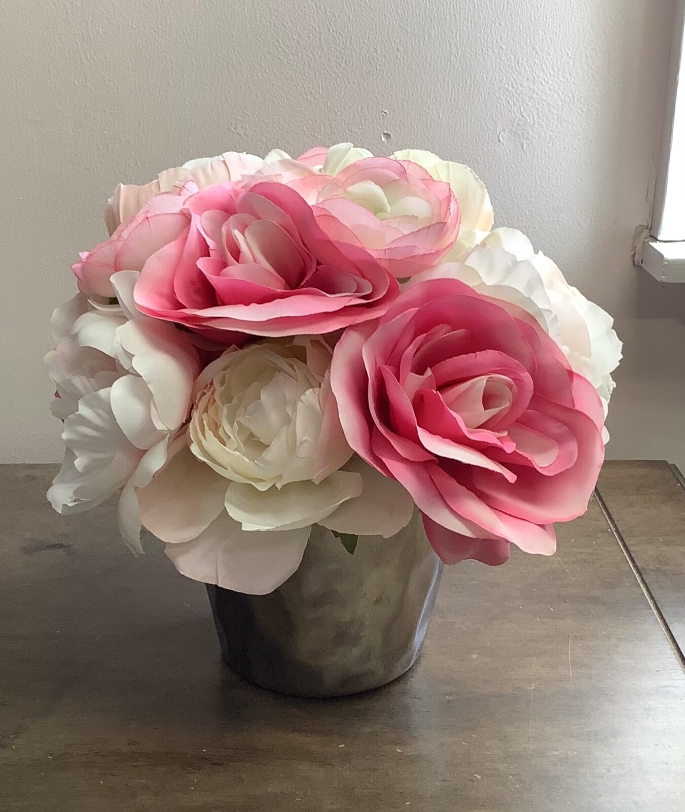 Pink and White Faux Peony Rose Flowers Floral Arrangement in Silver Vase