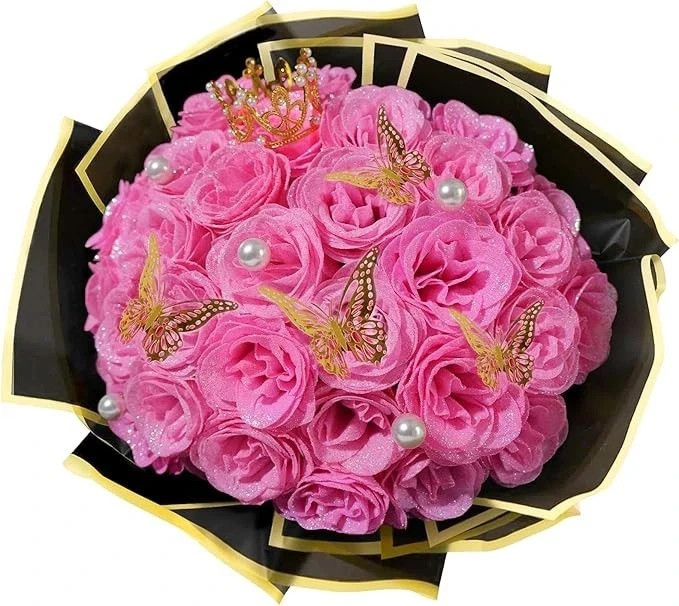 Pink Glitter Roses Bouquet, 24 Pcs Shiny Glitter Flowers Bouquet, Everlasting…