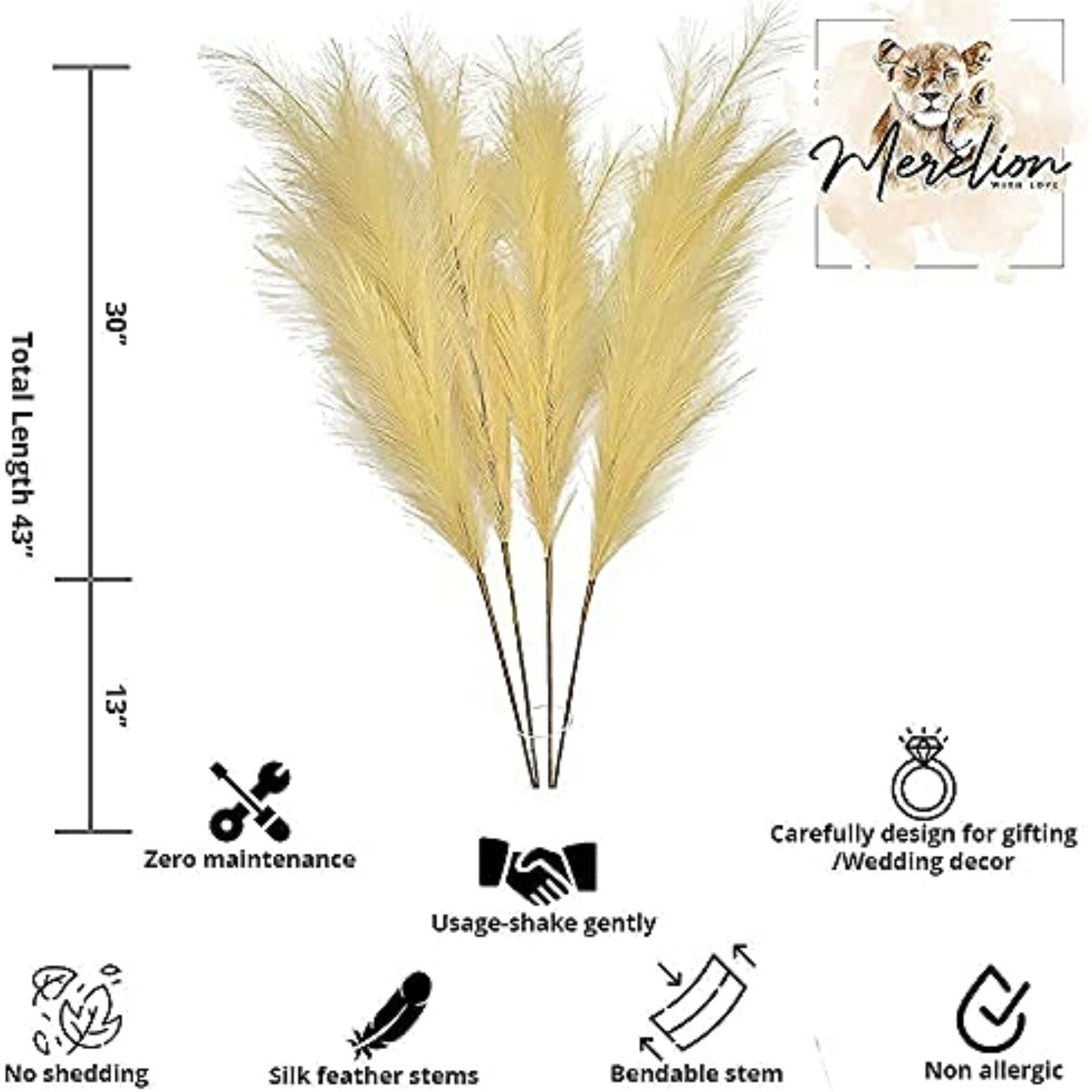 Set of 4 – Merelion Faux Pampas Grass Large Decor, 43″ 110Cm – Cream Beige Color