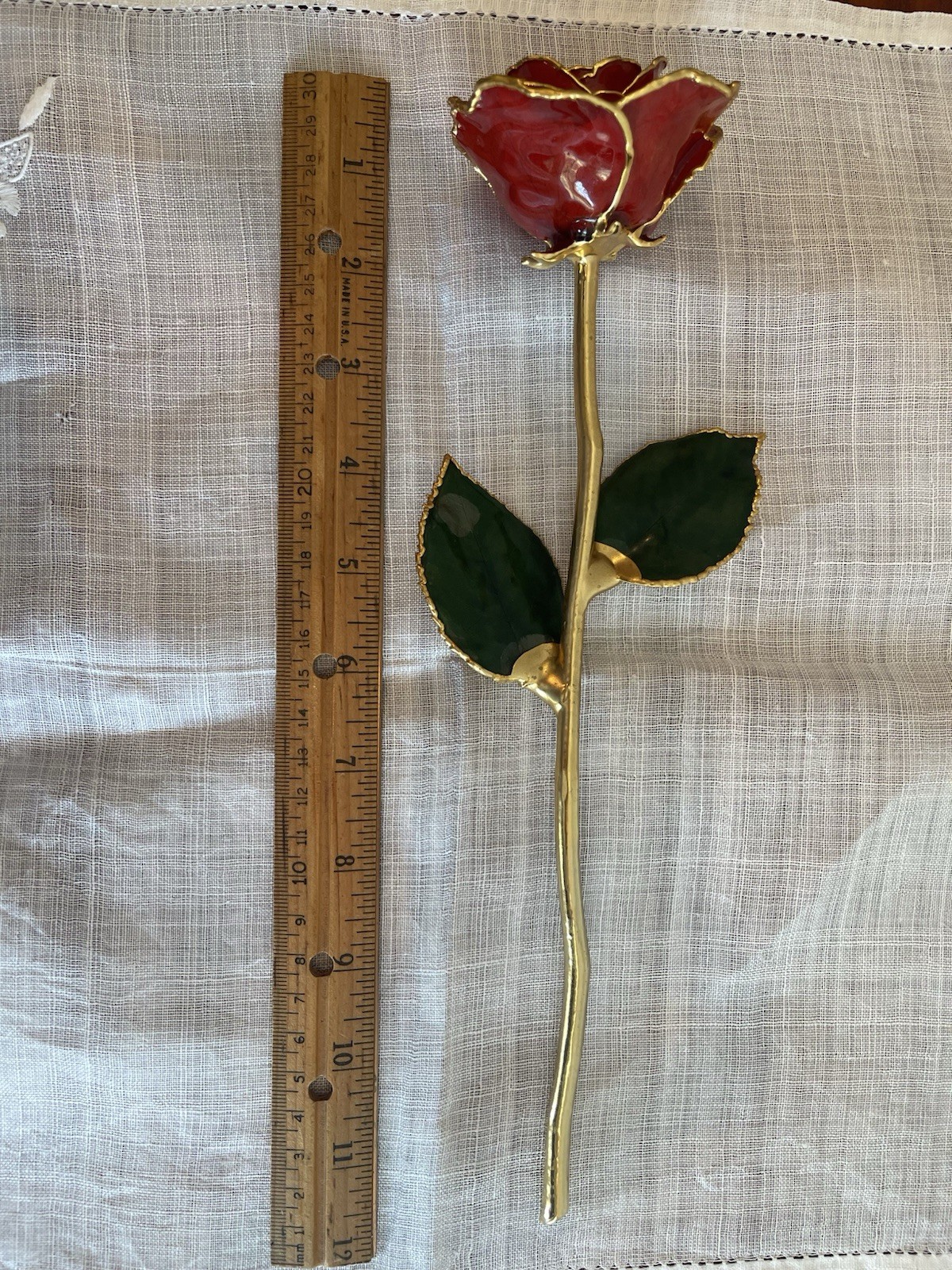 Burgundy Rose Preserved in Lacquer with 24k Gold Plating on Petals and Stem
