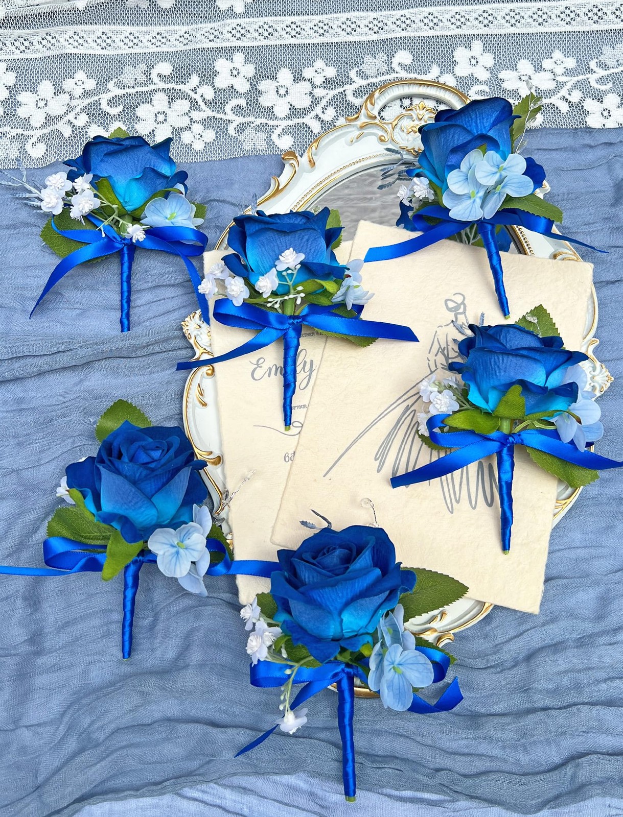 6 PCS Navy Blue Rose Artificial Flowers Boutonniere For Men Groom Wedding