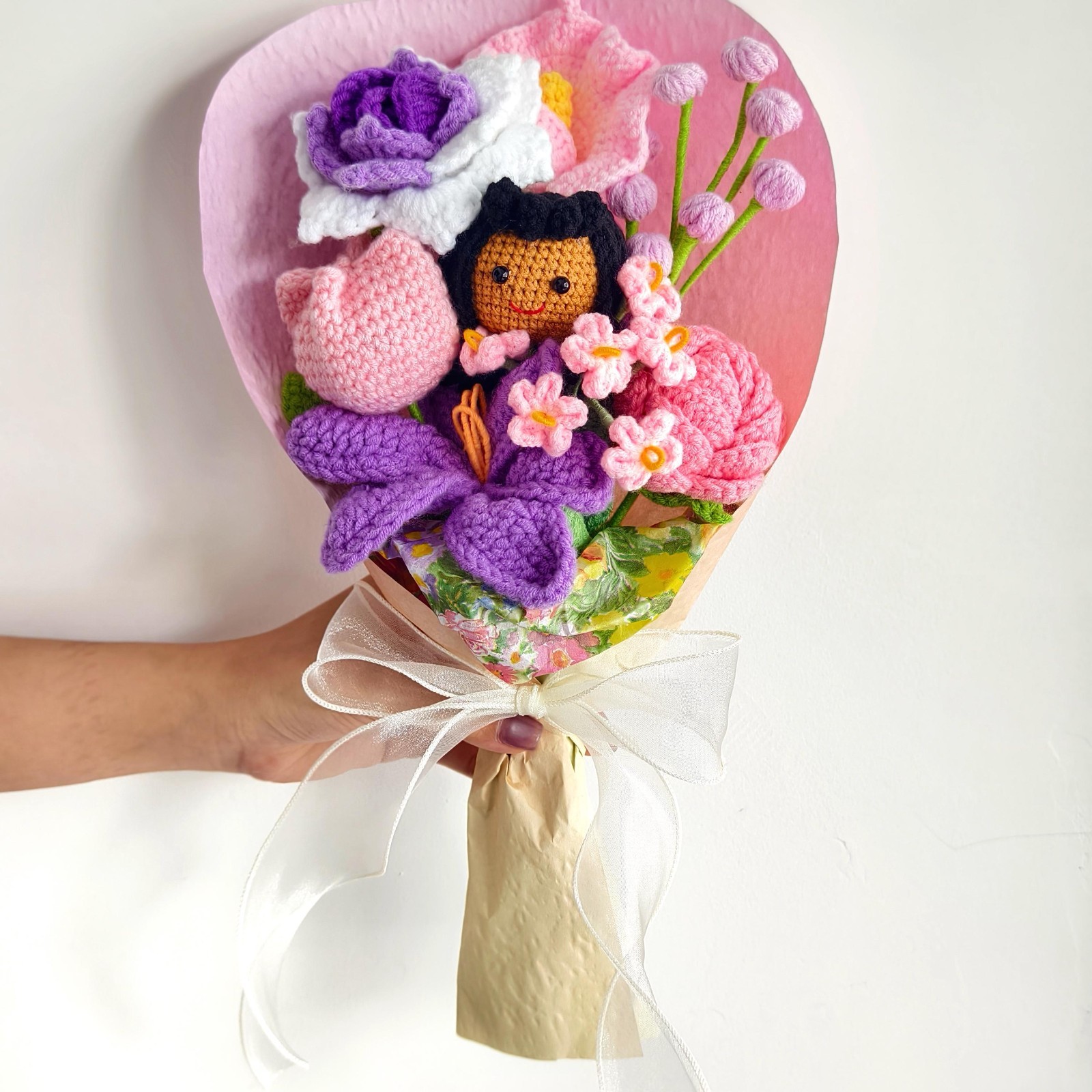 Crochet Flower Bouquet Handmade Yarn Flowers Doll Keepsake Teacher Gift for Her