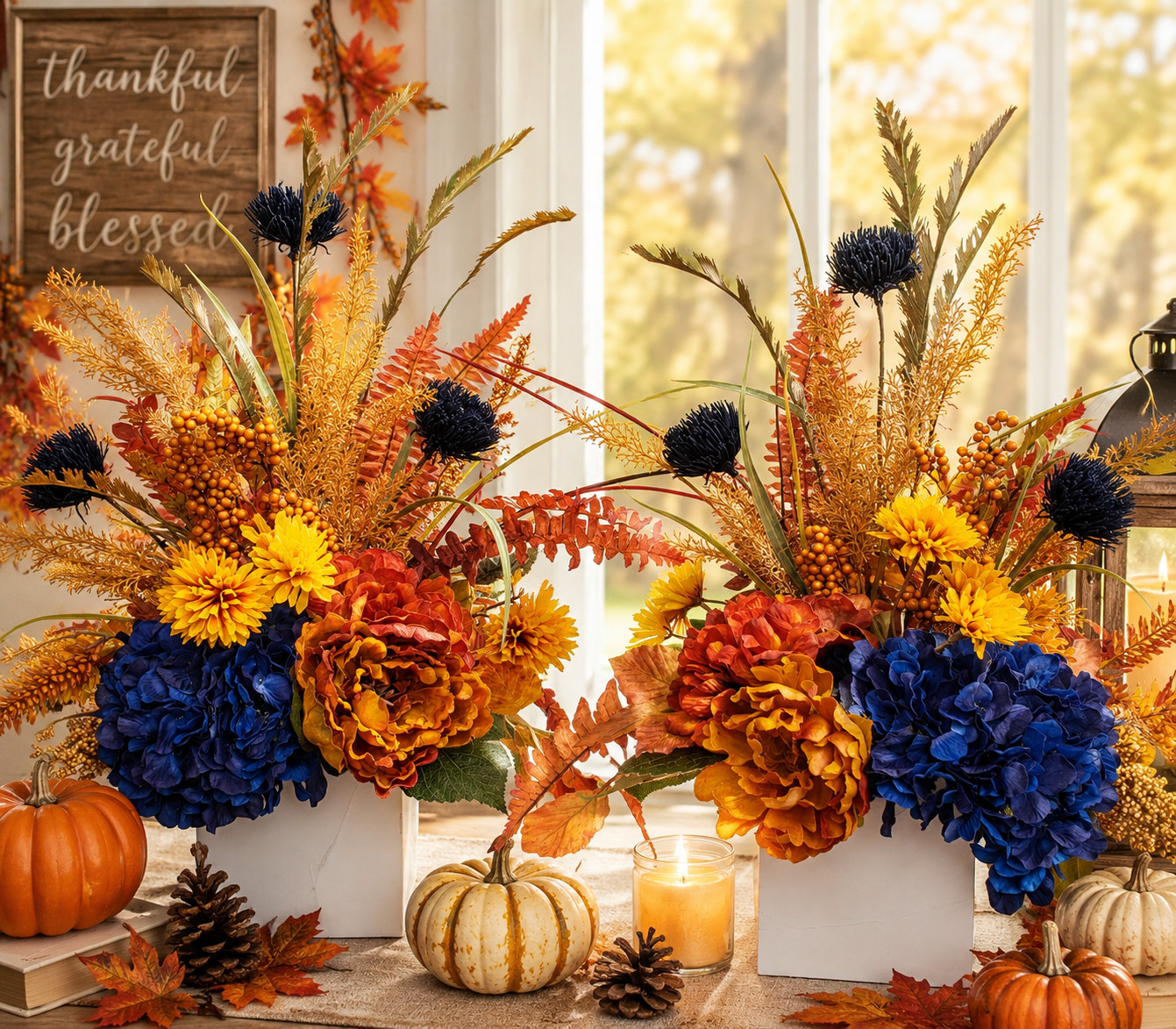 Set of 2 Large Fall Floral Arrangements, Blue Hydrangea Autumn Mantel Decor