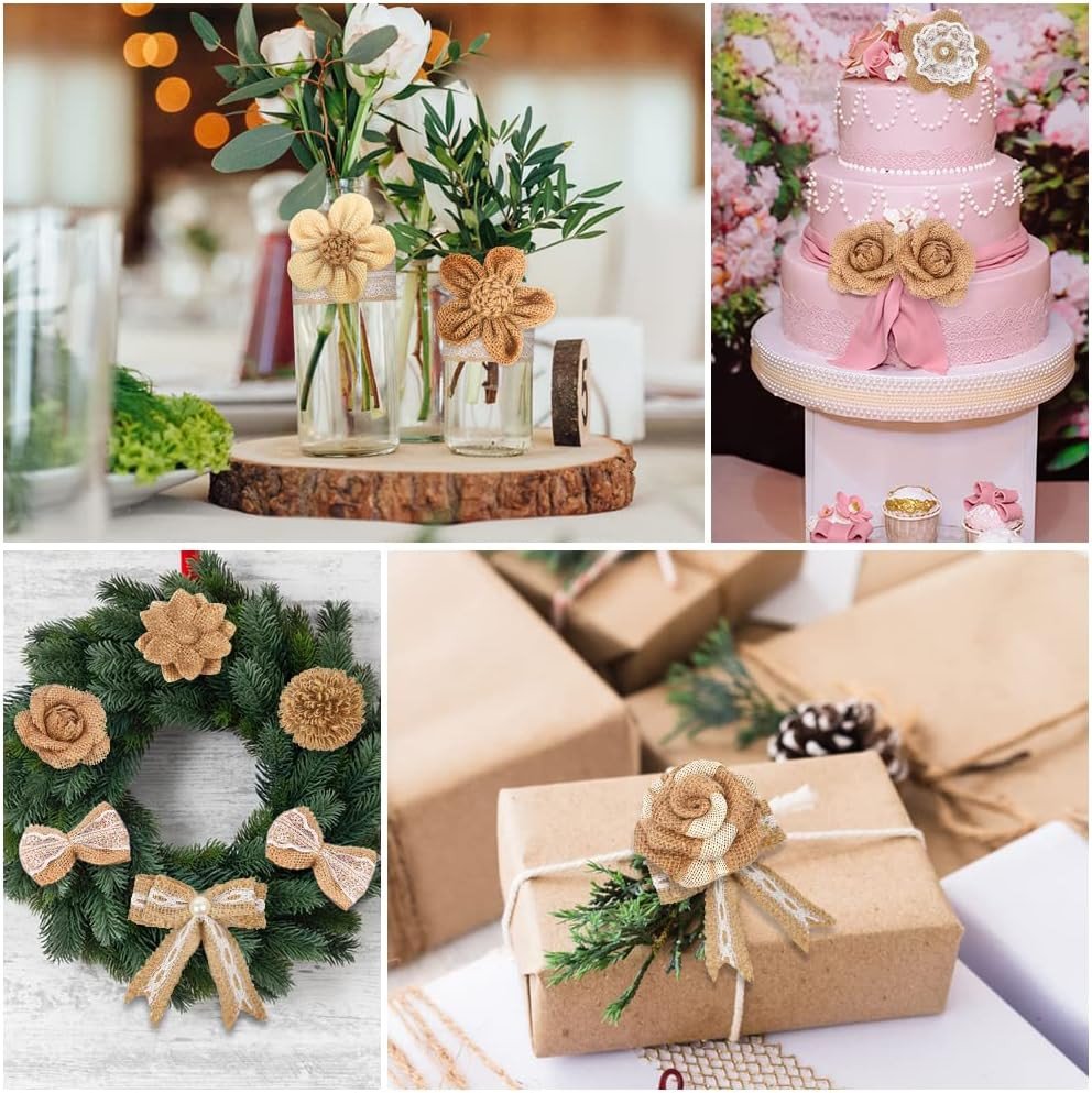 33PCS Handmade Burlap Flowers Set, 8 Styles Rustic Artificial Flowers & 3 Styles