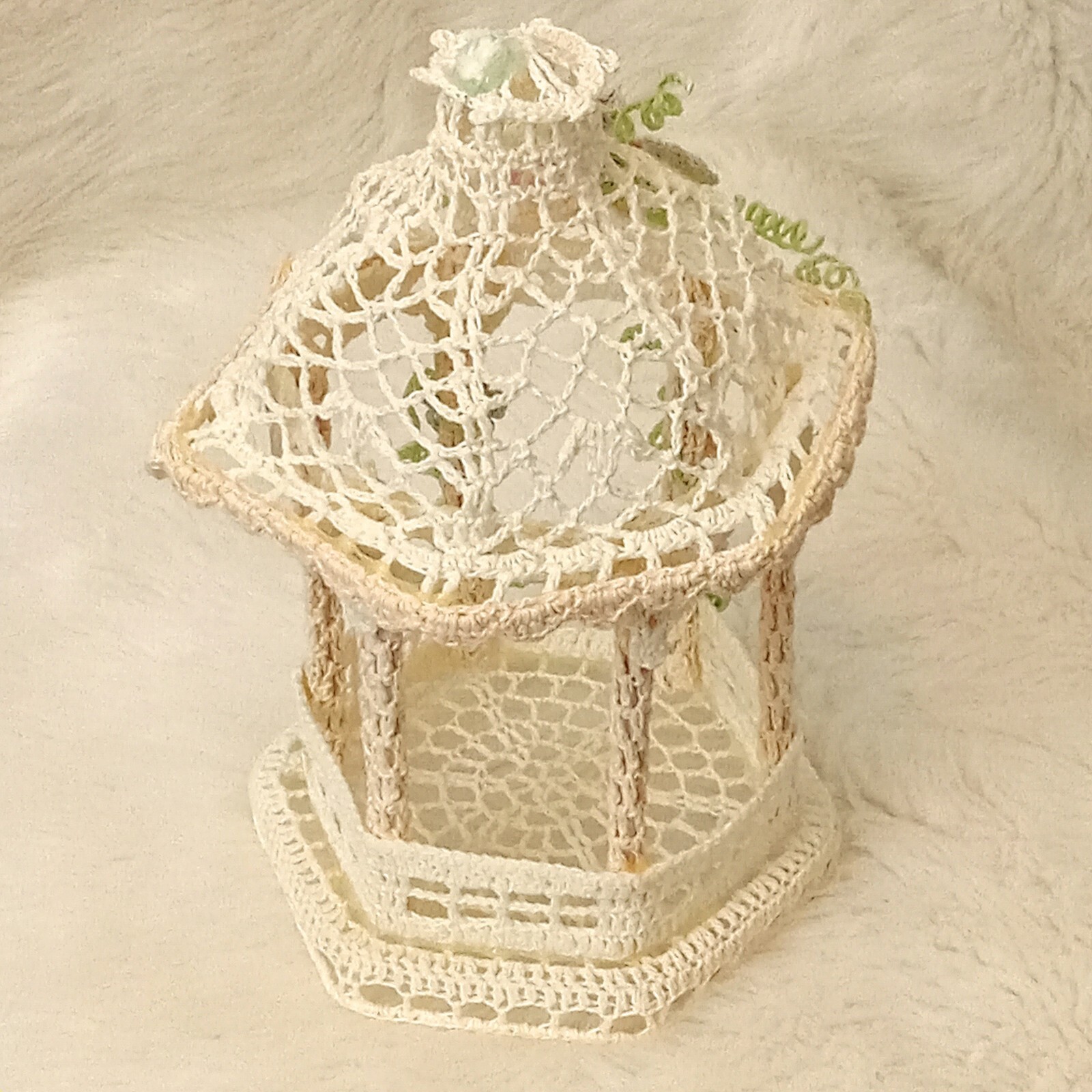 Hand Crocheted Gazebo Sculpture Spring Floral 9” by 6″ Cottage Core Whimsical